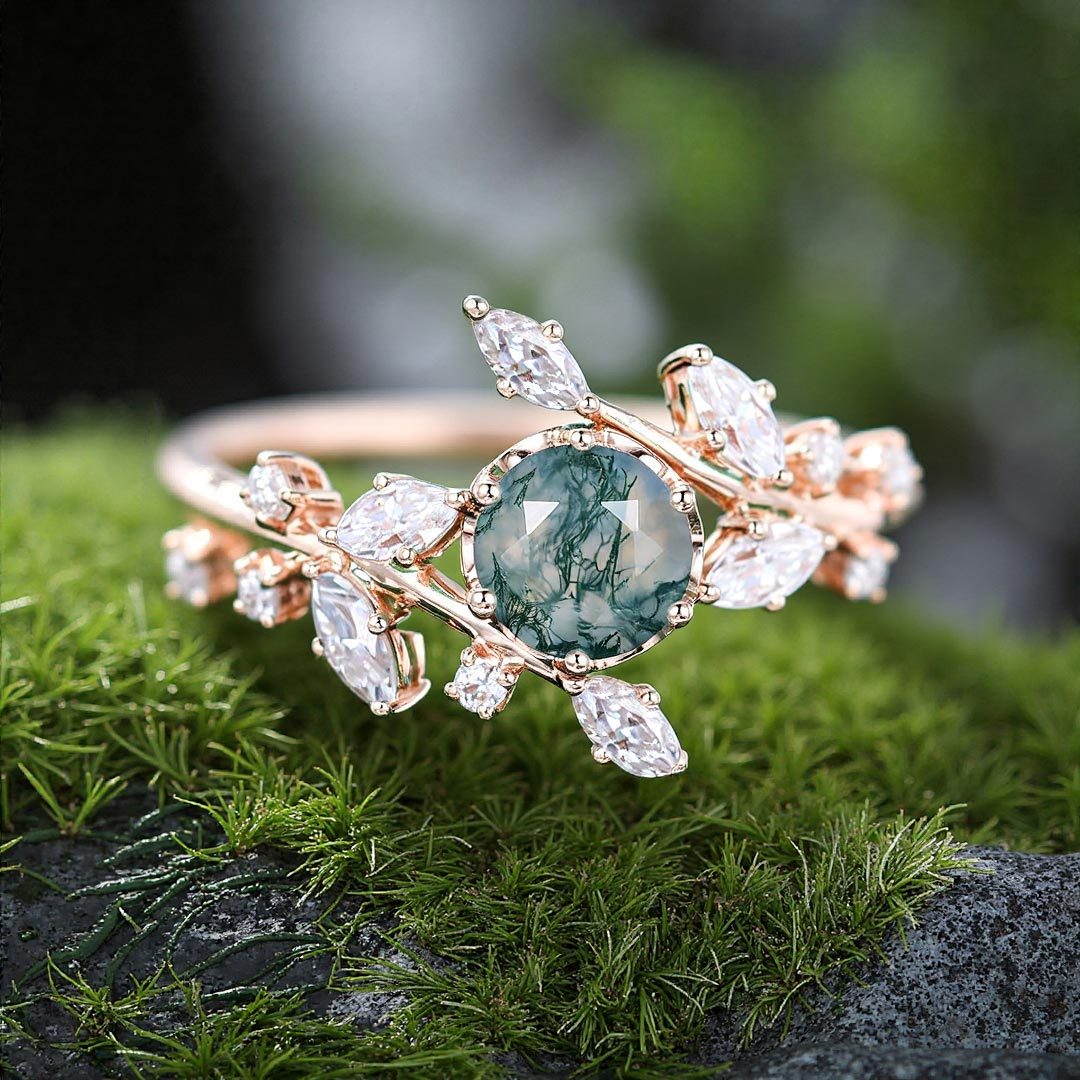 1CT Round Cut Moss Agate & Marquise Cut Moissanite Engagement Ring In Sterling Silver