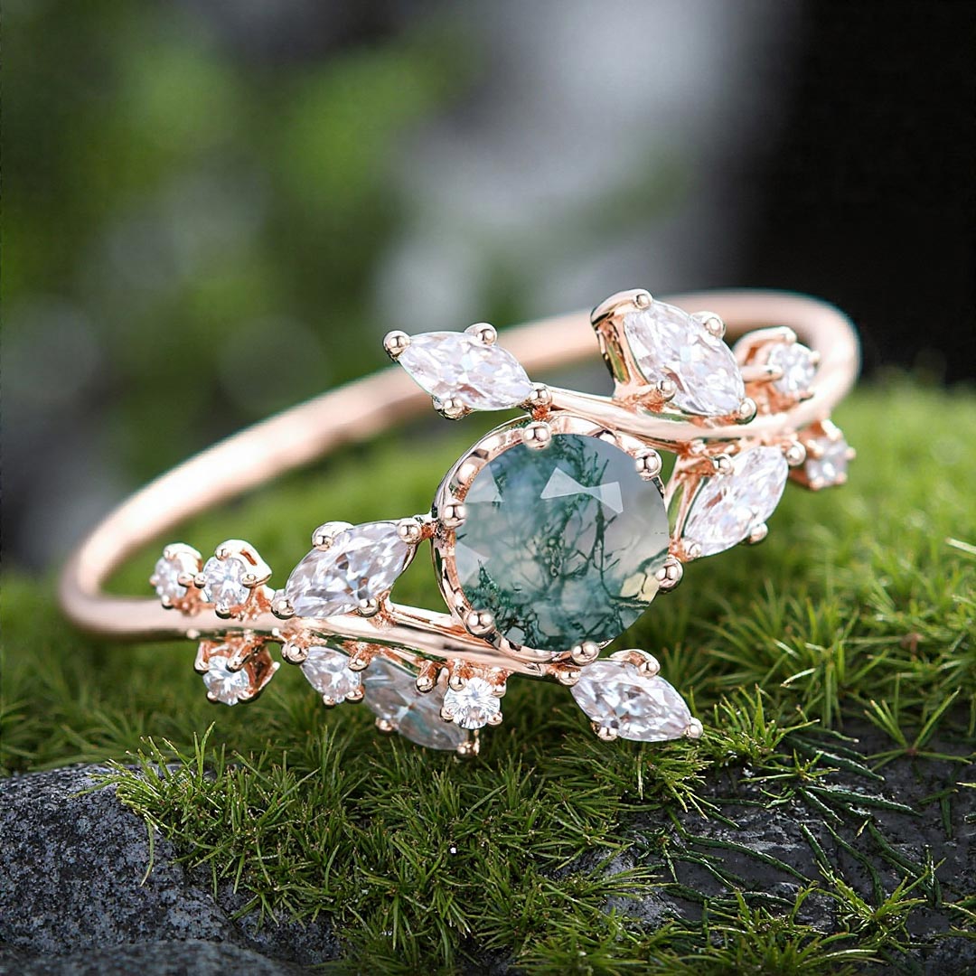 1CT Round Cut Moss Agate & Marquise Cut Moissanite Engagement Ring In Sterling Silver