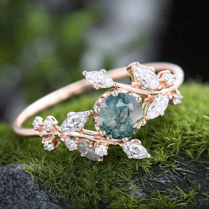 1CT Round Cut Moss Agate & Marquise Cut Moissanite Engagement Ring In Sterling Silver