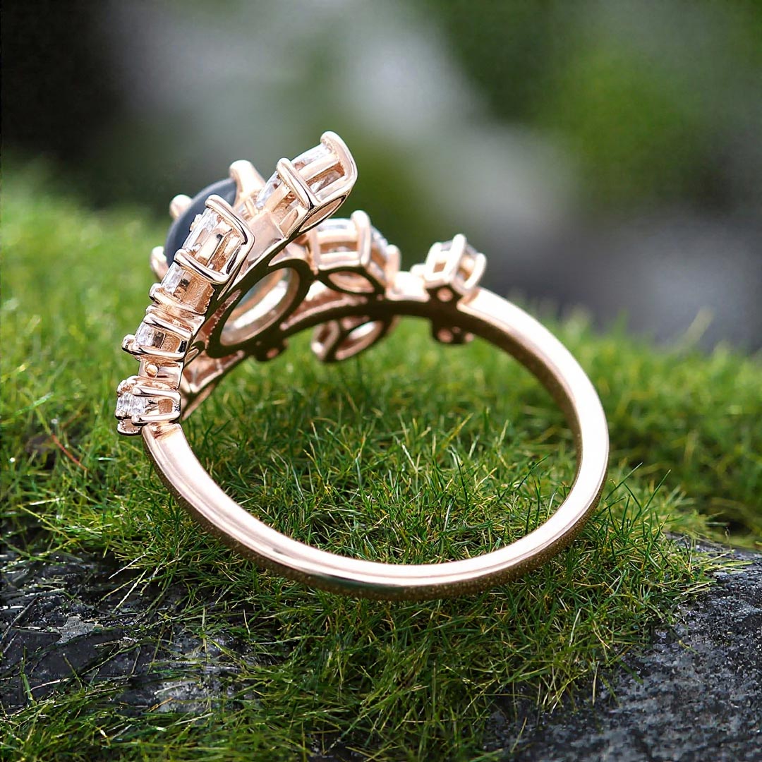 1CT Round Cut Moss Agate & Marquise Cut Moissanite Engagement Ring In Sterling Silver