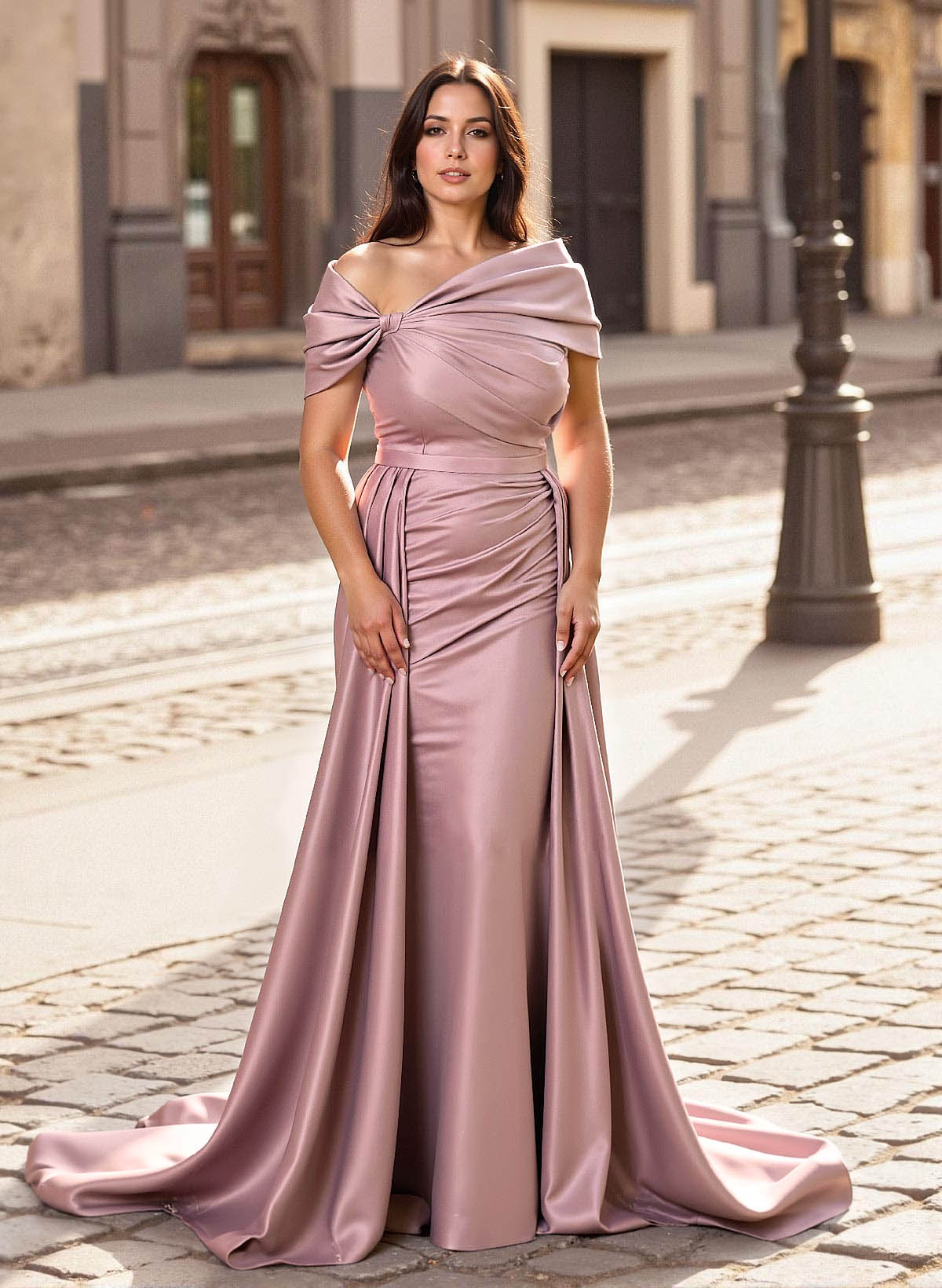 Trumpet/Mermaid Off-The-Shoulder Court Train Satin Mother Of The Bride Dresses With Overskirt Dress, product image 1