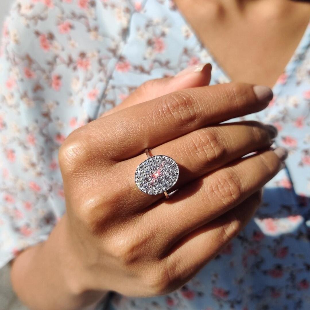 0.77CT Colorless Round Moissanite Oval Shaped Cluster Engagement Ring In Sterling Silver