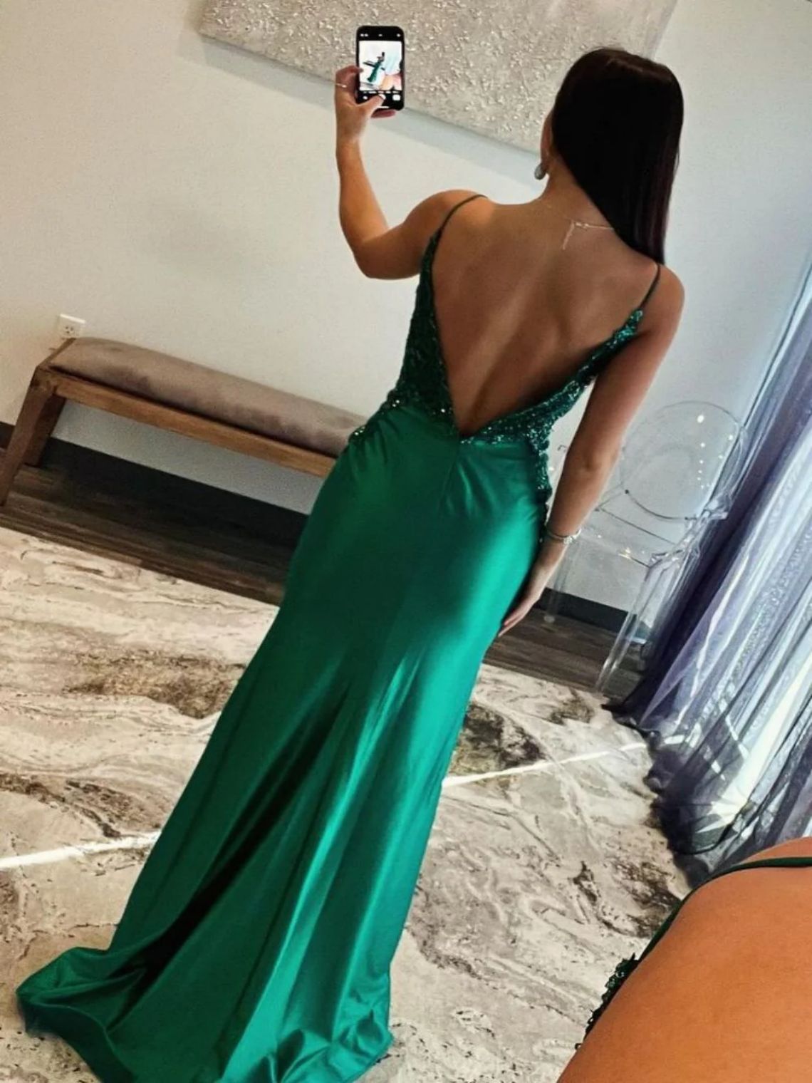 Mermaid Dark Green Spaghetti Straps Open Back Prom Dress With Beading