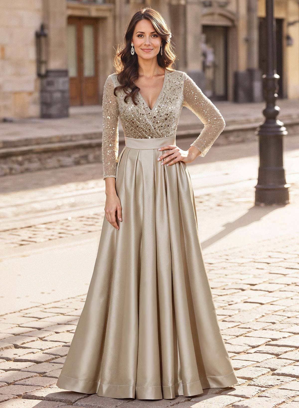 A-Line V-Neck Long Sleeves Satin/Sequined Mother Of The Bride Dresses With Pleated