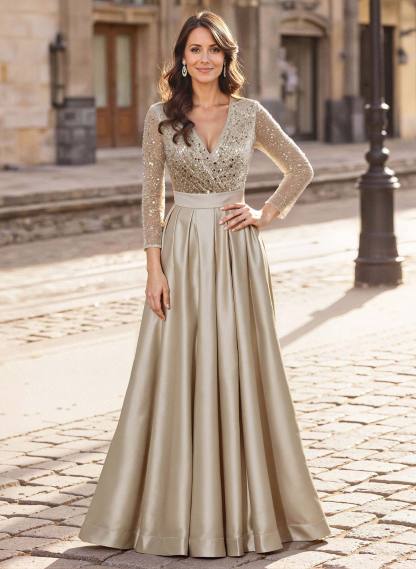 A-Line V-Neck Long Sleeves Satin/Sequined Mother Of The Bride Dresses With Pleated
