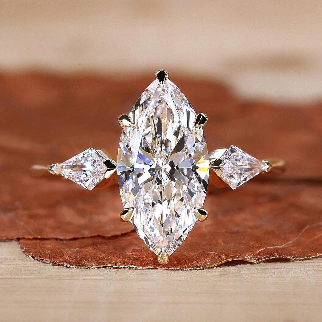 2CT Marquise Moissanite Center Stone Engagement Ring With Kite Cut Diamond Accents