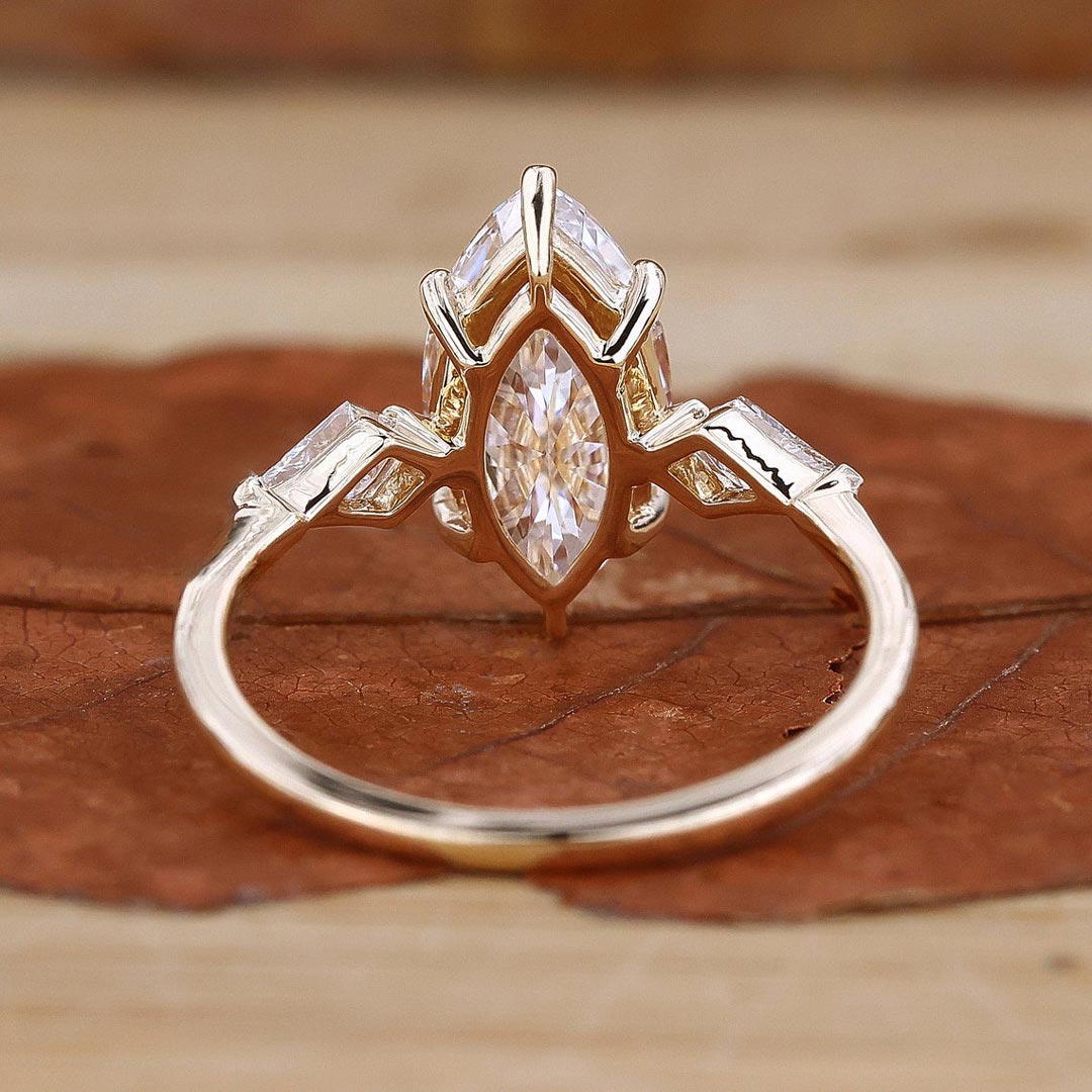 2CT Marquise Moissanite Center Stone Engagement Ring With Kite Cut Diamond Accents