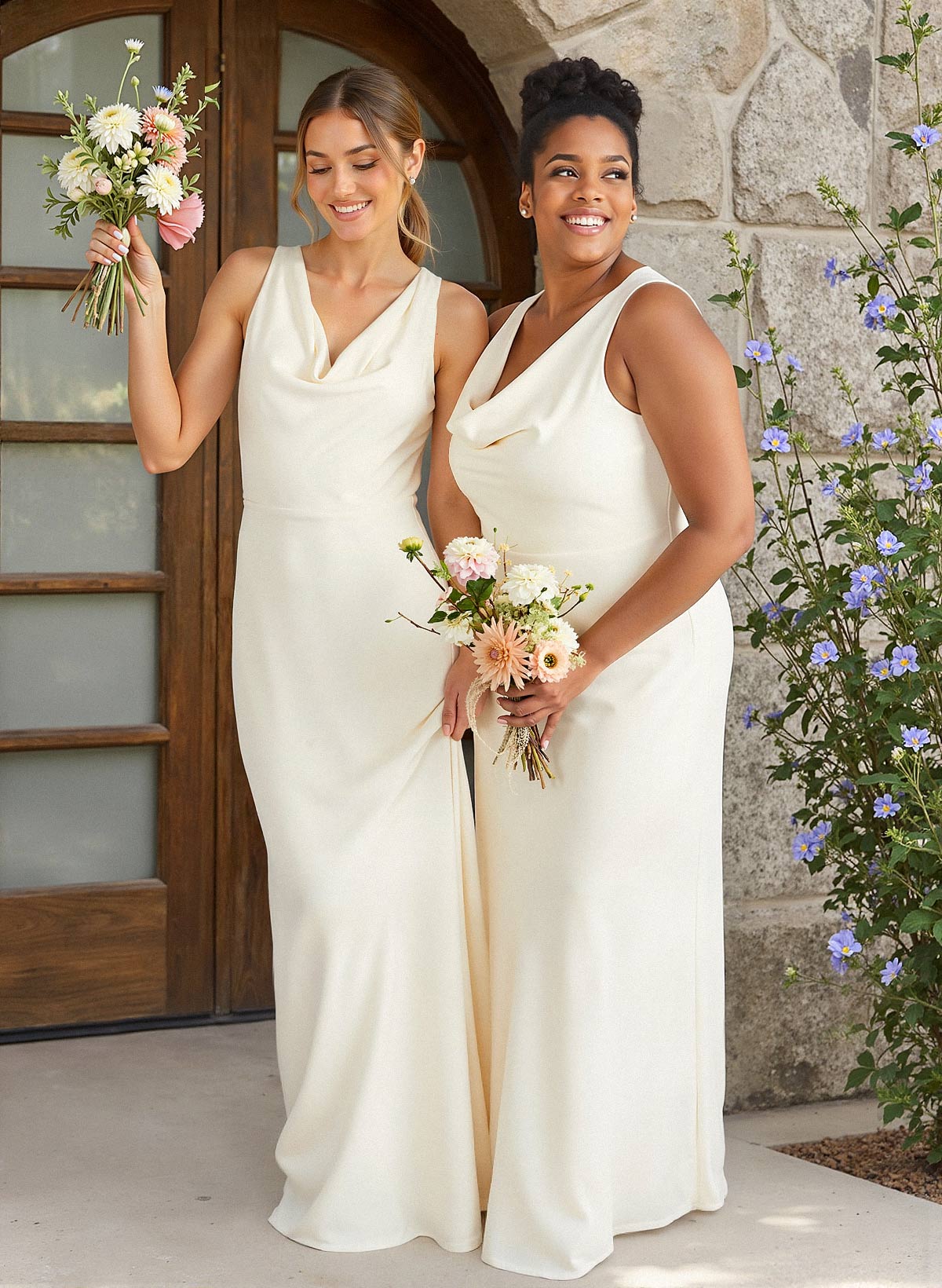 Simple Cowl Neck Regular Straps Sleeveless Floor-Length Elastic Satin Bridesmaid Dresses in Ivory, US2
