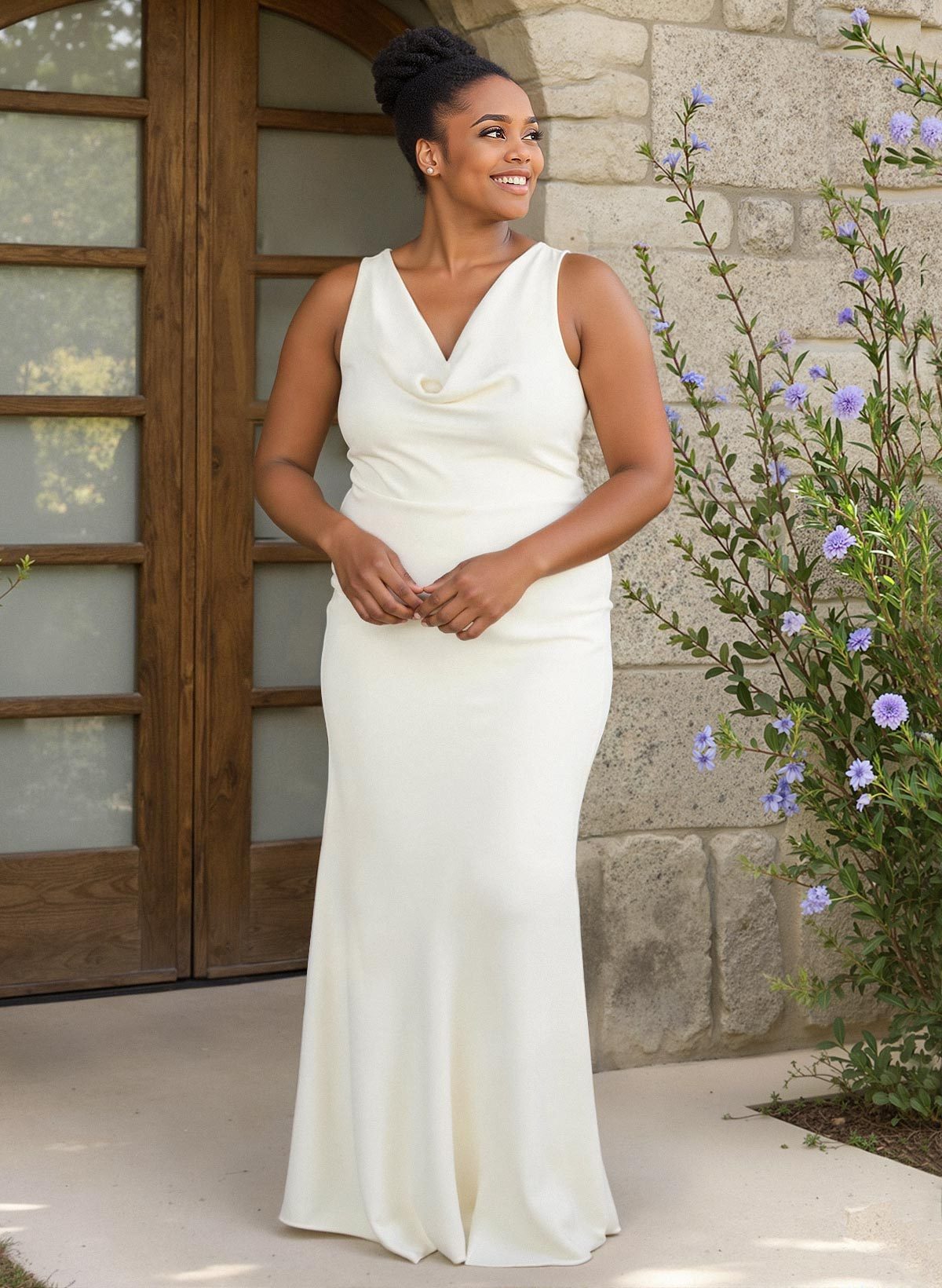 Simple Cowl Neck Regular Straps Sleeveless Floor-Length Elastic Satin Bridesmaid Dresses, image 4