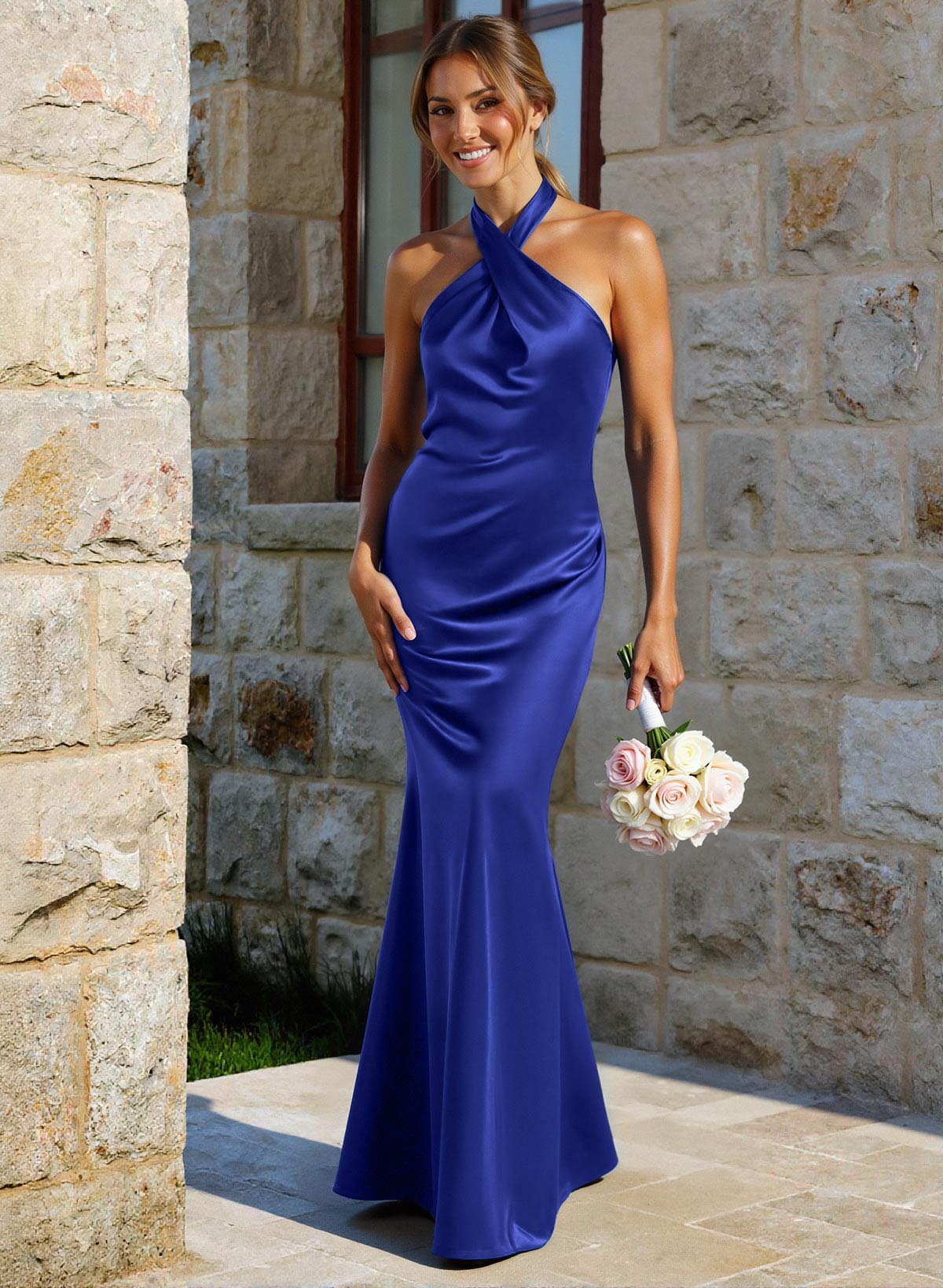 Trumpet/Mermaid Cowl Neck Sleeveless Floor-Length Stretch Satin Bridesmaid Dresses With Back Hole, image 2