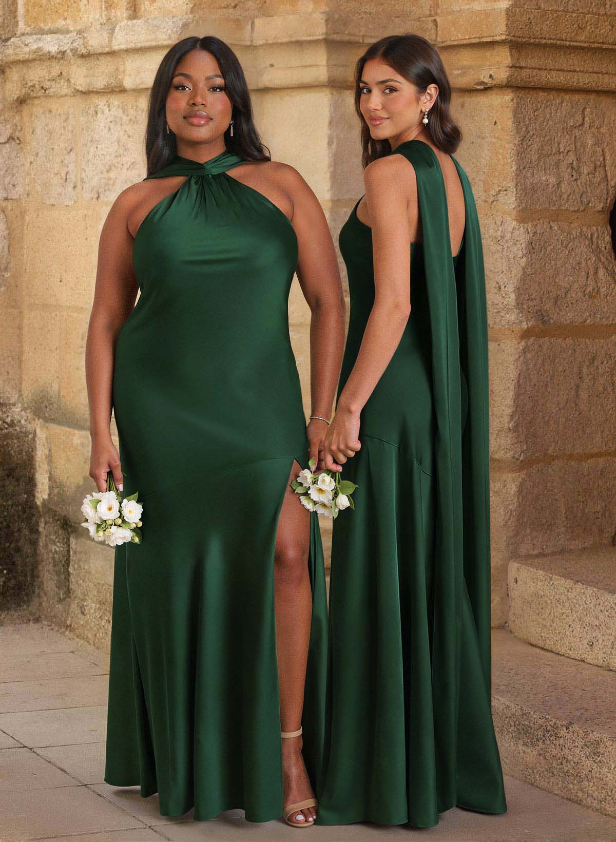 Trumpet/Mermaid Cowl Neck Floor-Length Stretch Satin Bridesmaid Dresses With High Split in Hunter Green, US2