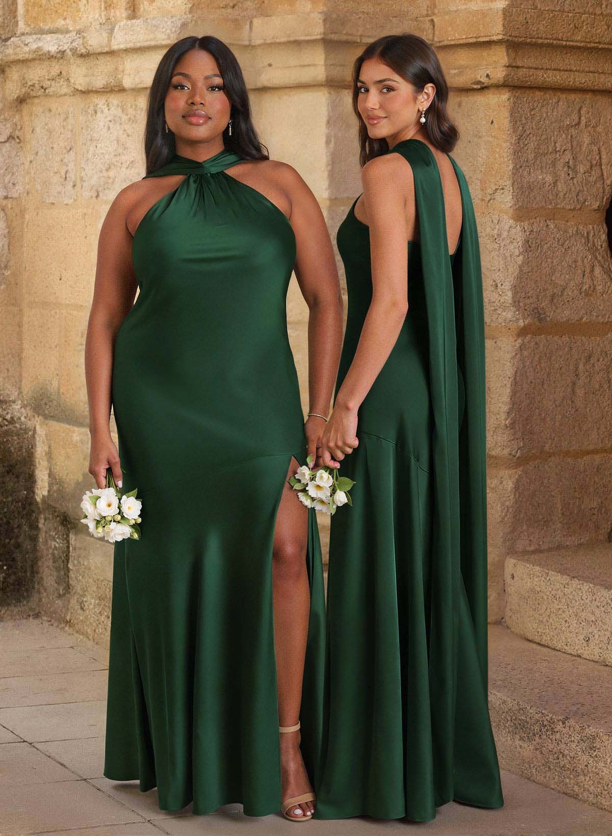 Trumpet/Mermaid Cowl Neck Floor-Length Stretch Satin Bridesmaid Dresses With High Split in Hunter Green, US2