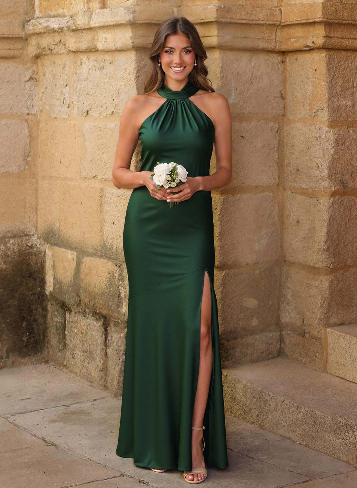 Trumpet/Mermaid Cowl Neck Floor-Length Stretch Satin Bridesmaid Dresses With High Split, image 2