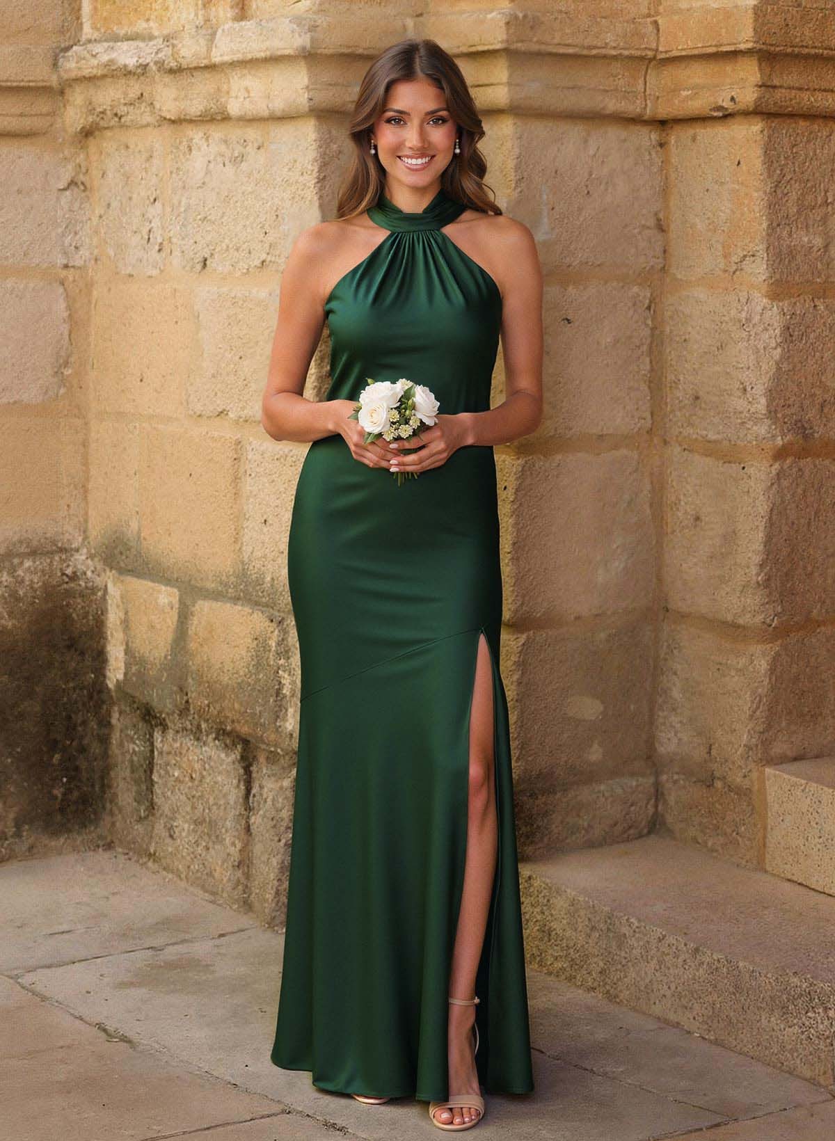 Trumpet/Mermaid Cowl Neck Floor-Length Stretch Satin Bridesmaid Dresses With High Split, image 2