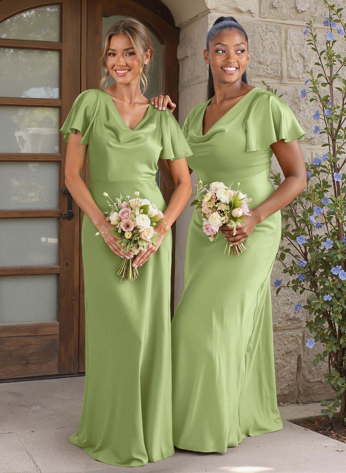 Elegant Cowl Neck Short Sleeves Floor-Length Stretch Satin Bridesmaid Dresses, image 1