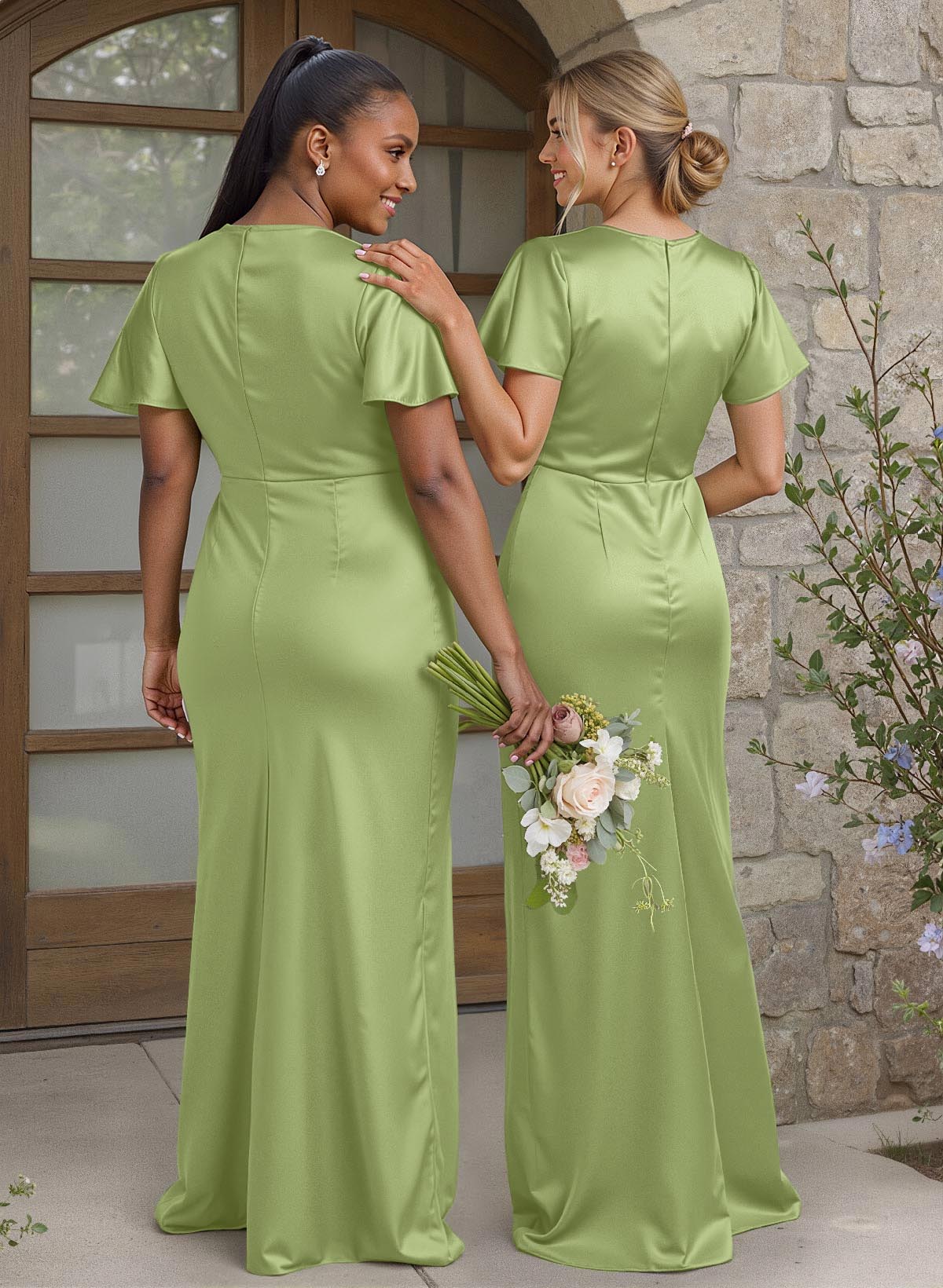 Elegant Cowl Neck Short Sleeves Floor-Length Stretch Satin Bridesmaid Dresses, image 2