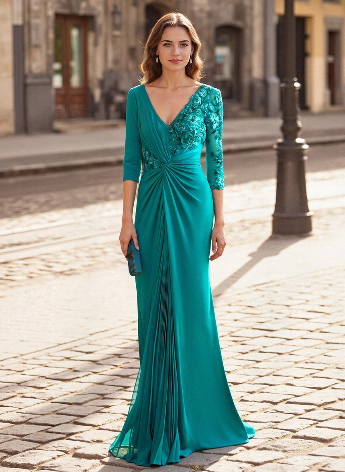 V-Neck Lace Long Sleeves Pleated Mermaid Floor-Length Chiffon/Jersey Mother Of The Bride Dresses