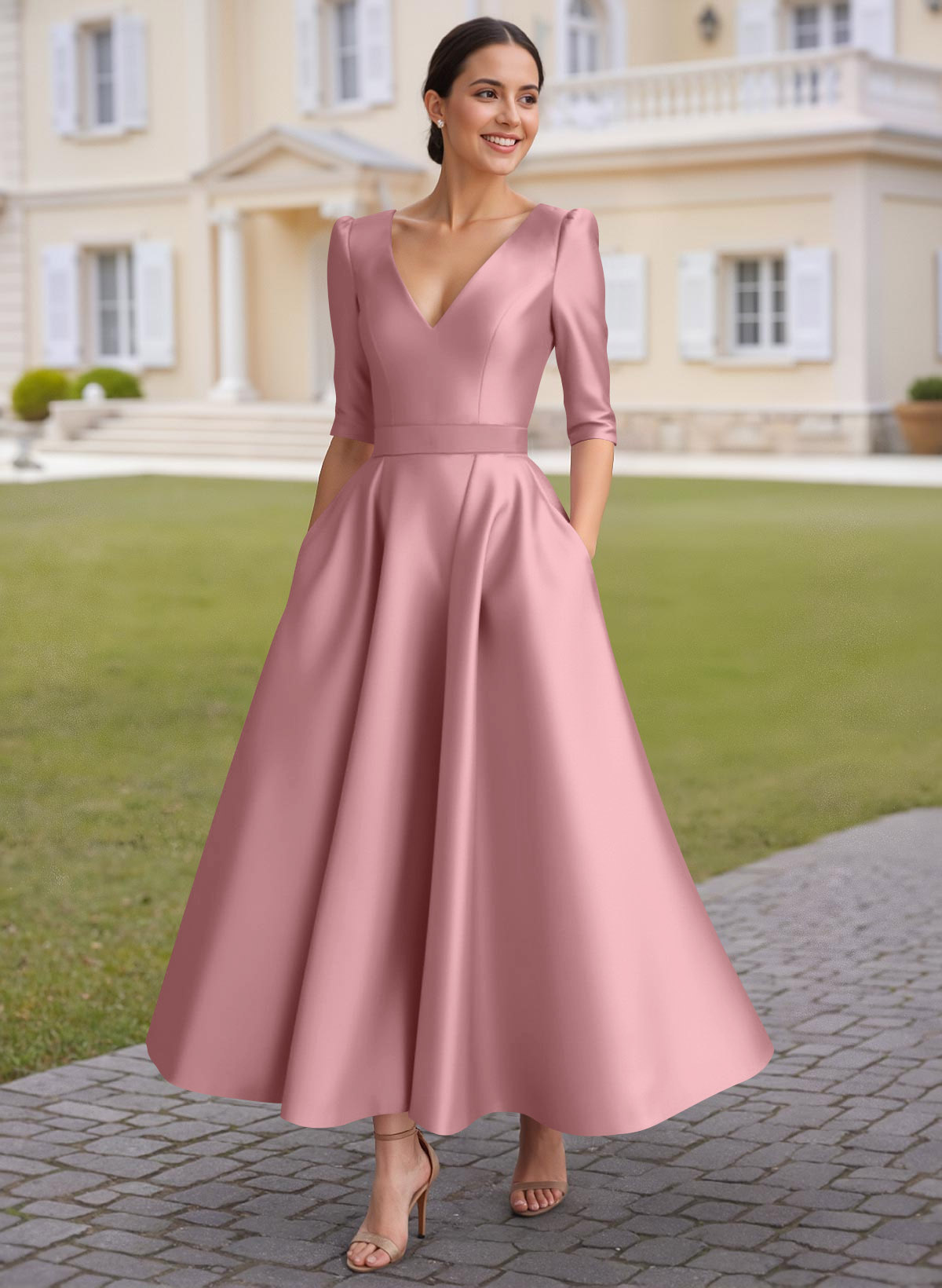 A-Line V-Neck 1/2 Sleeves Ankle-Length Satin Mother Of The Bride Dresses