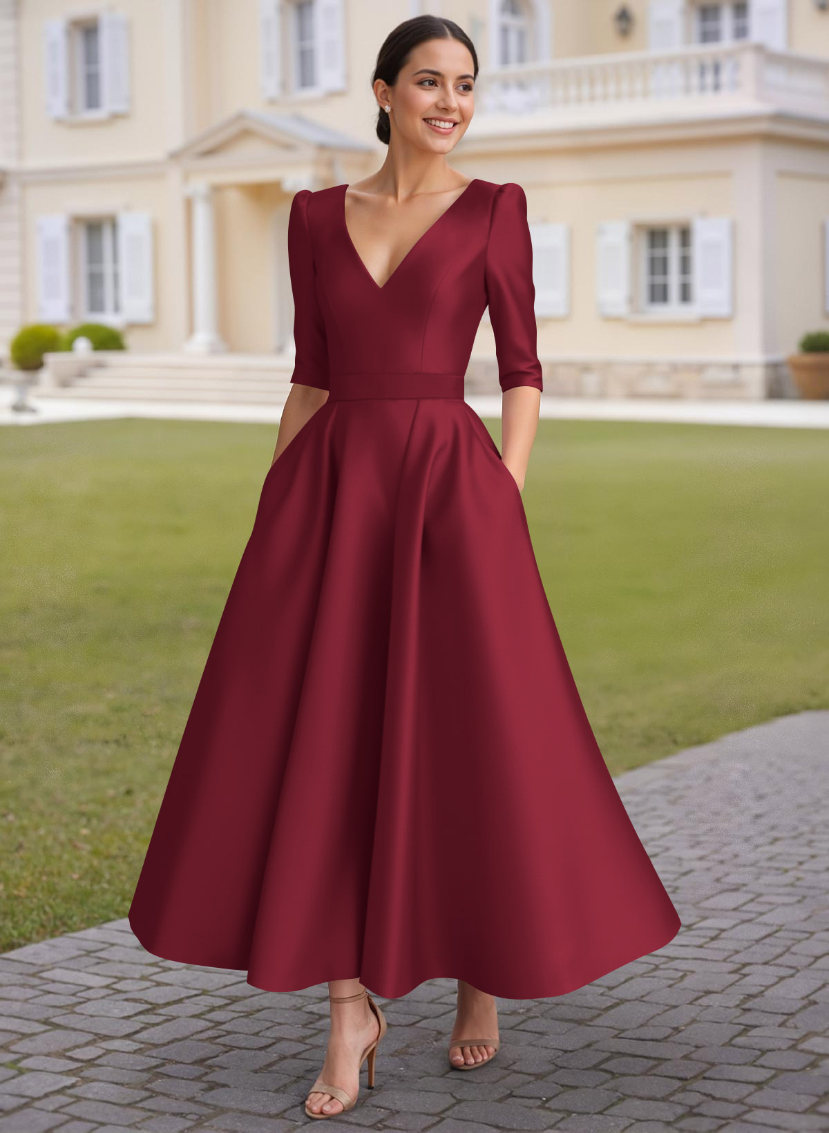 A-Line V-Neck 1/2 Sleeves Ankle-Length Satin Mother Of The Bride Dresses