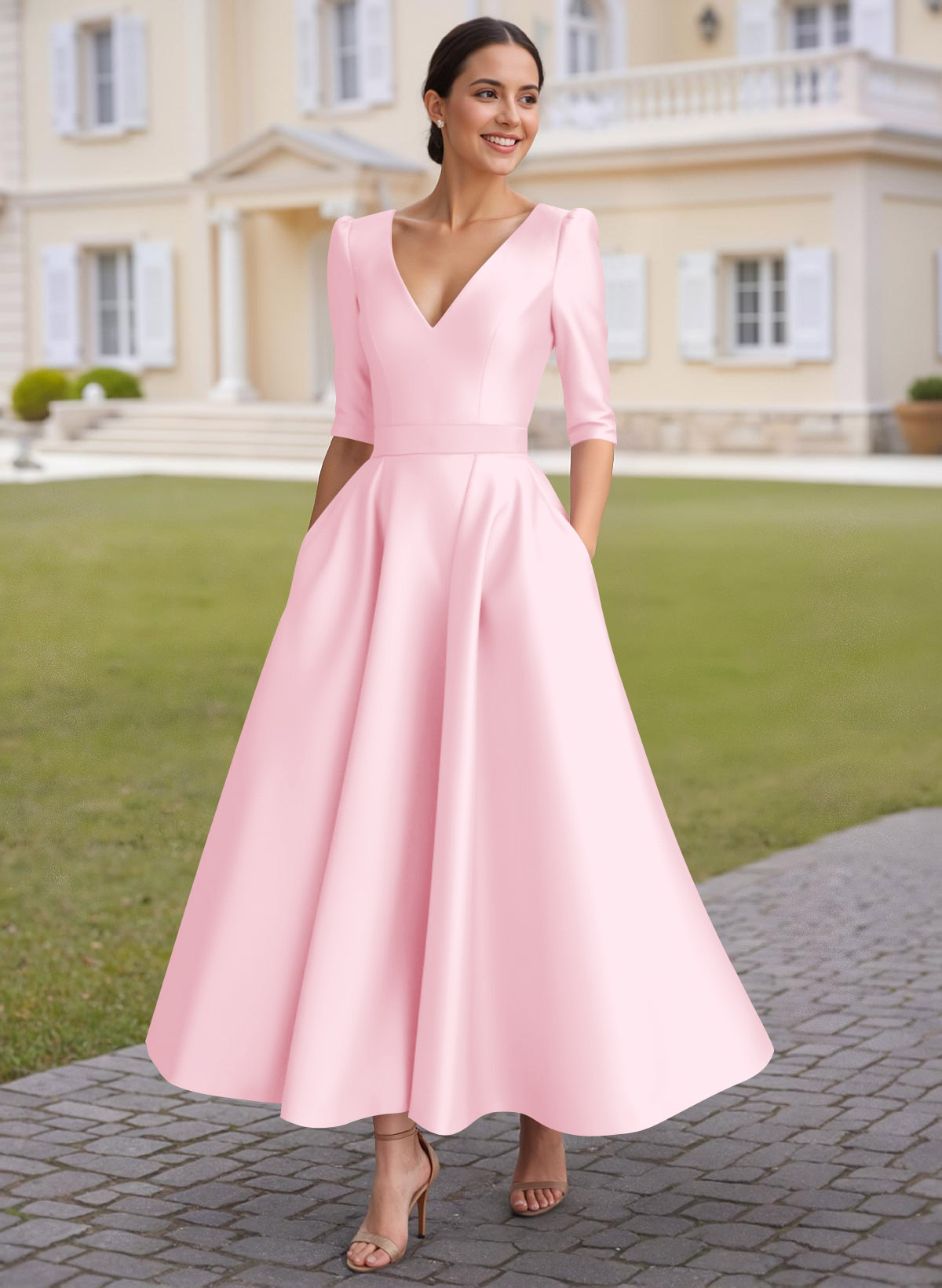 A-Line V-Neck 1/2 Sleeves Ankle-Length Satin Mother Of The Bride Dresses