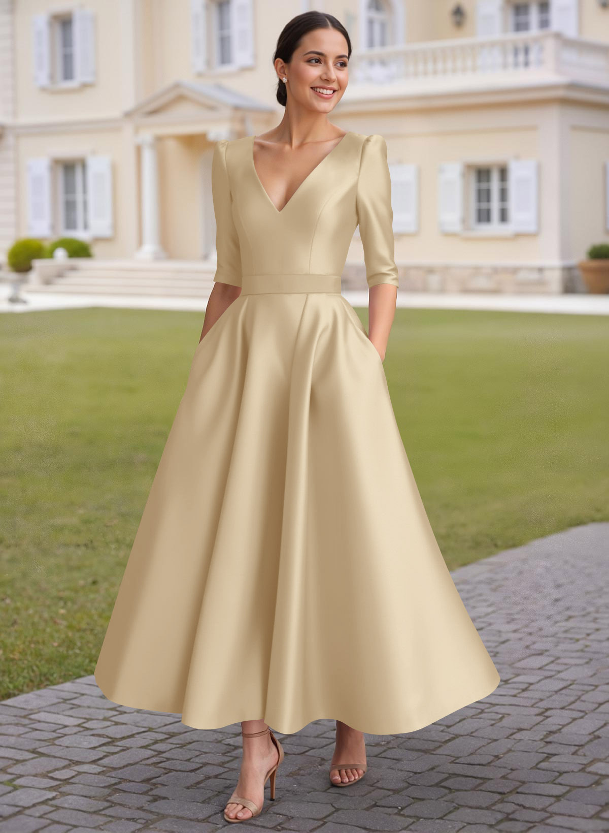 A-Line V-Neck 1/2 Sleeves Ankle-Length Satin Mother Of The Bride Dresses