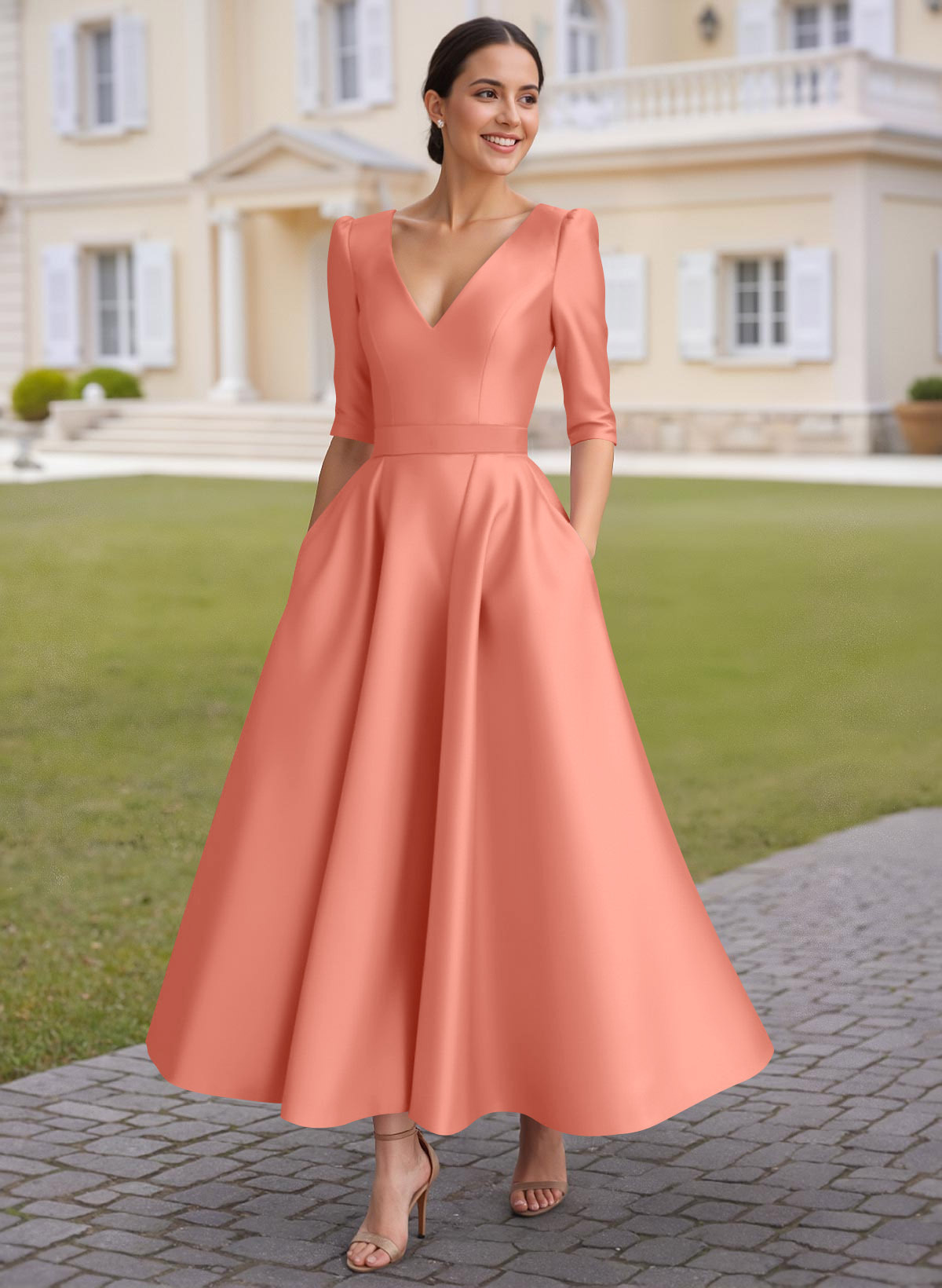 A-Line V-Neck 1/2 Sleeves Ankle-Length Satin Mother Of The Bride Dresses