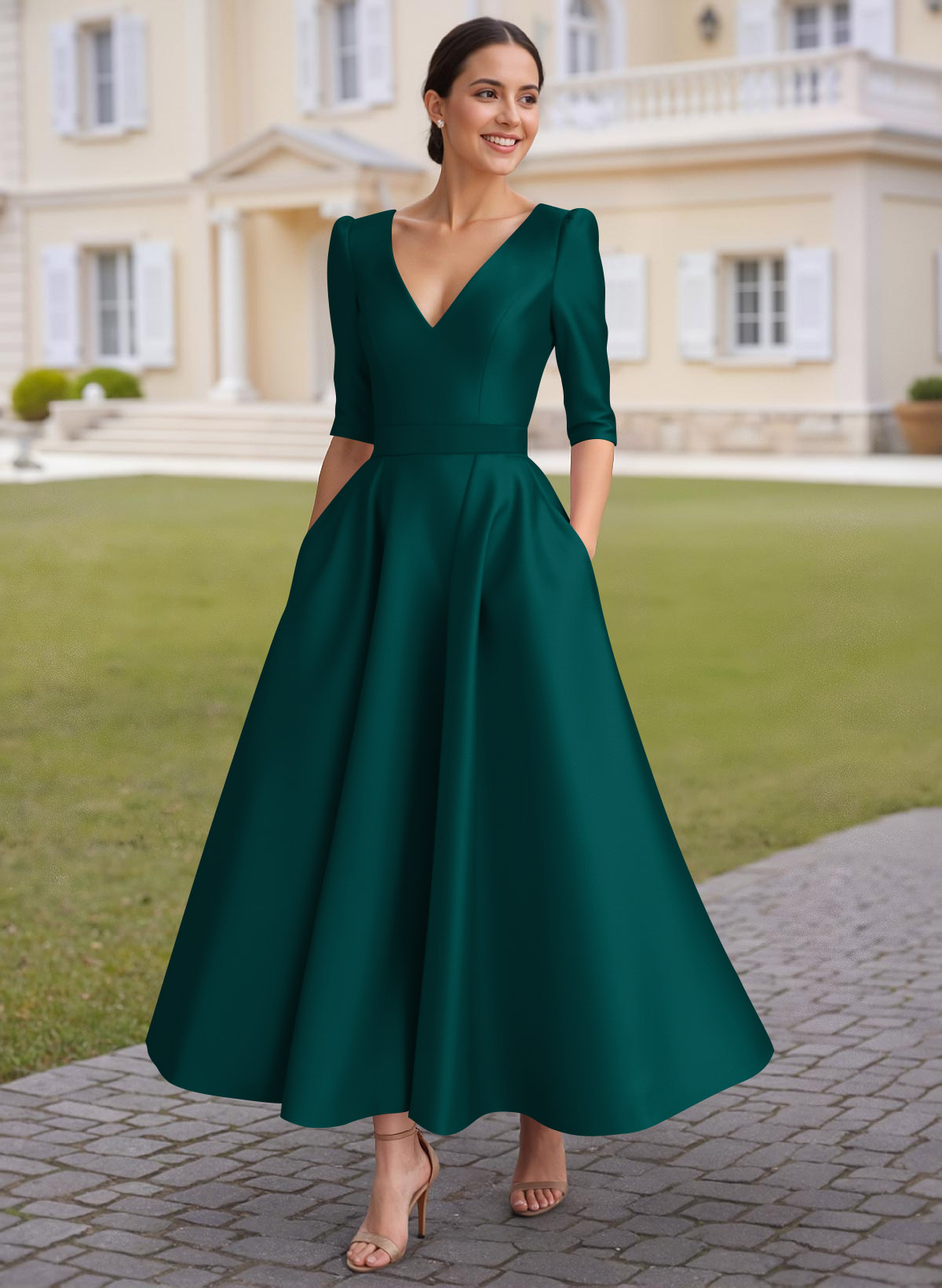 A-Line V-Neck 1/2 Sleeves Ankle-Length Satin Mother Of The Bride Dresses