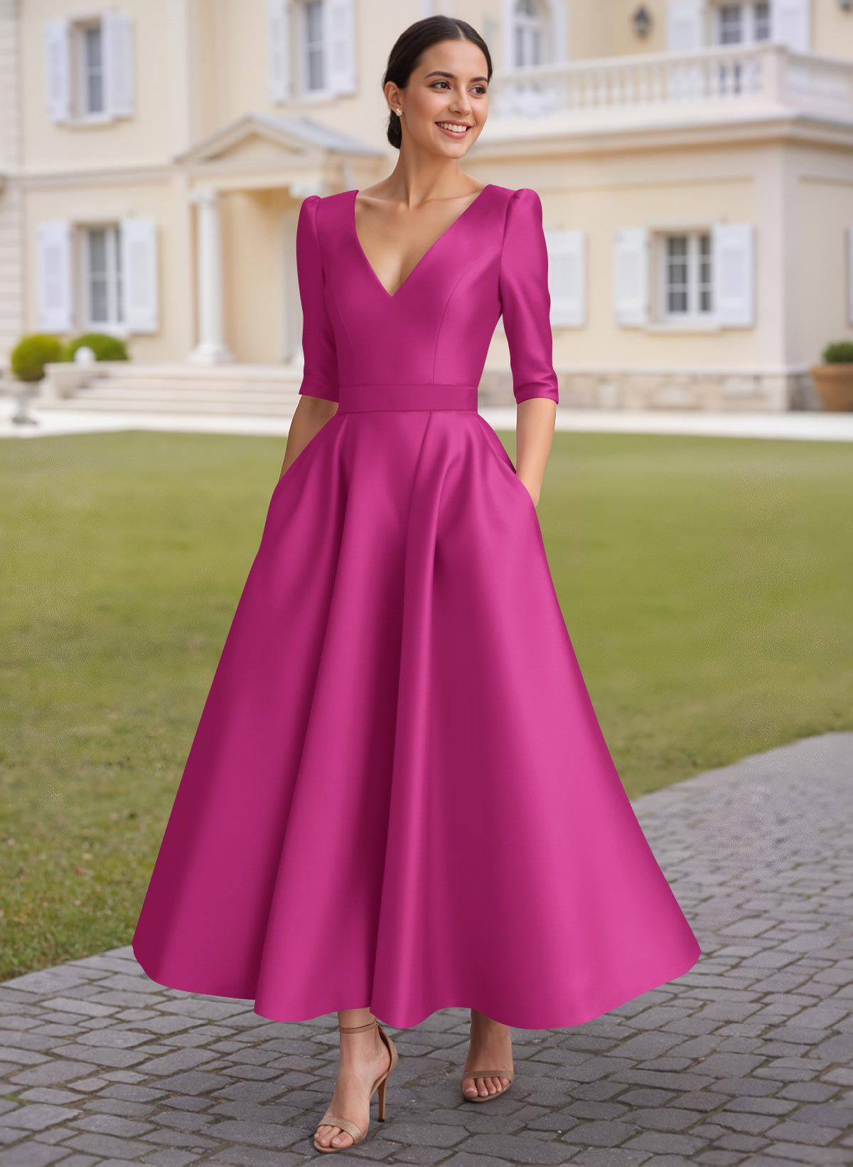 A-Line V-Neck 1/2 Sleeves Ankle-Length Satin Mother Of The Bride Dresses