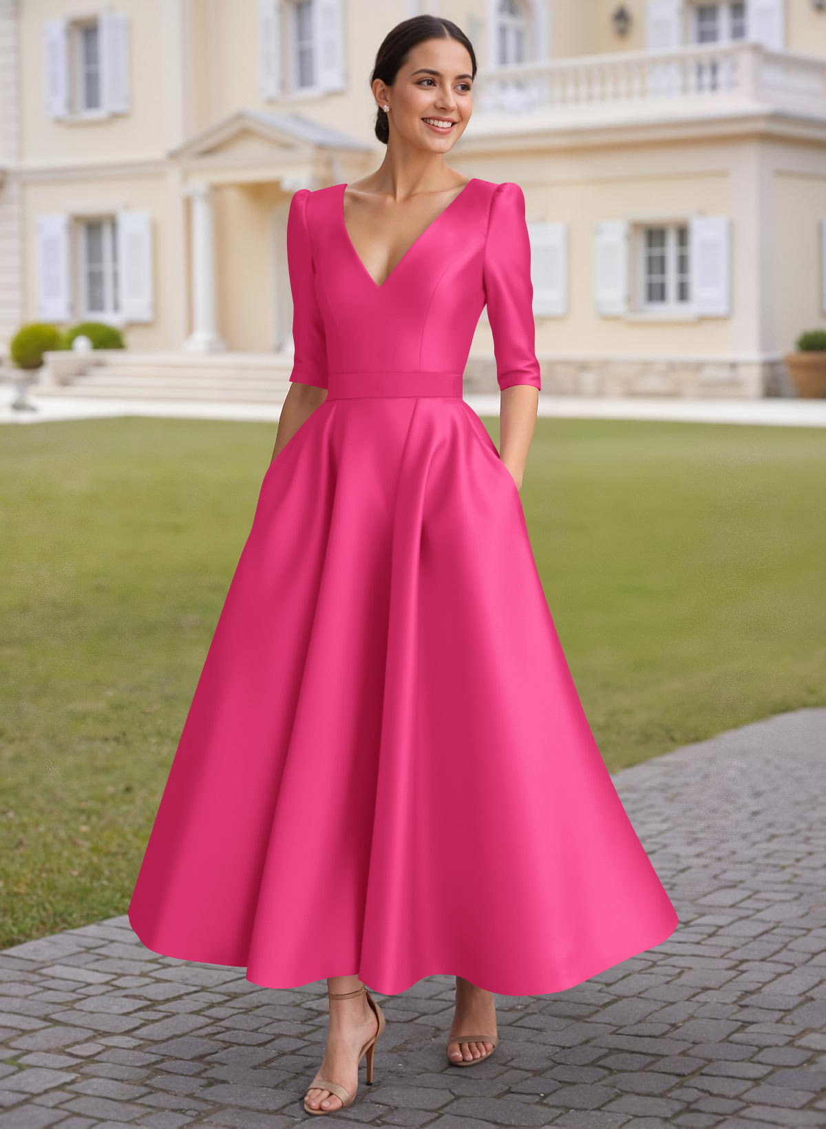 A-Line V-Neck 1/2 Sleeves Ankle-Length Satin Mother Of The Bride Dresses