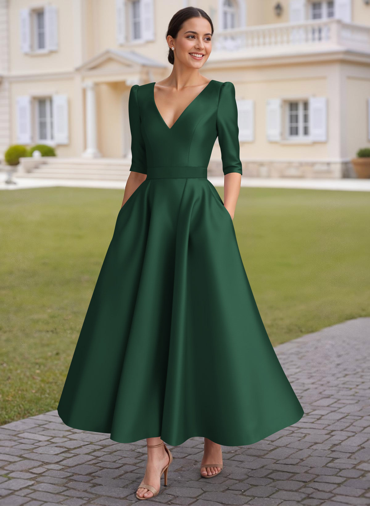 A-Line V-Neck 1/2 Sleeves Ankle-Length Satin Mother Of The Bride Dresses