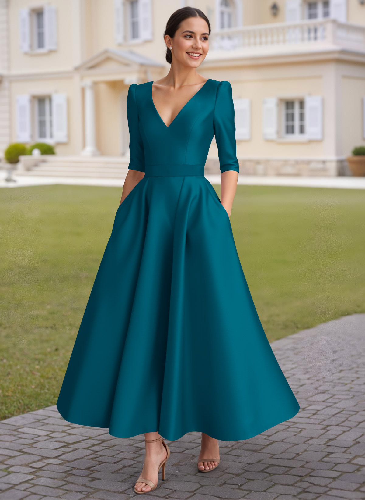 A-Line V-Neck 1/2 Sleeves Ankle-Length Satin Mother Of The Bride Dresses