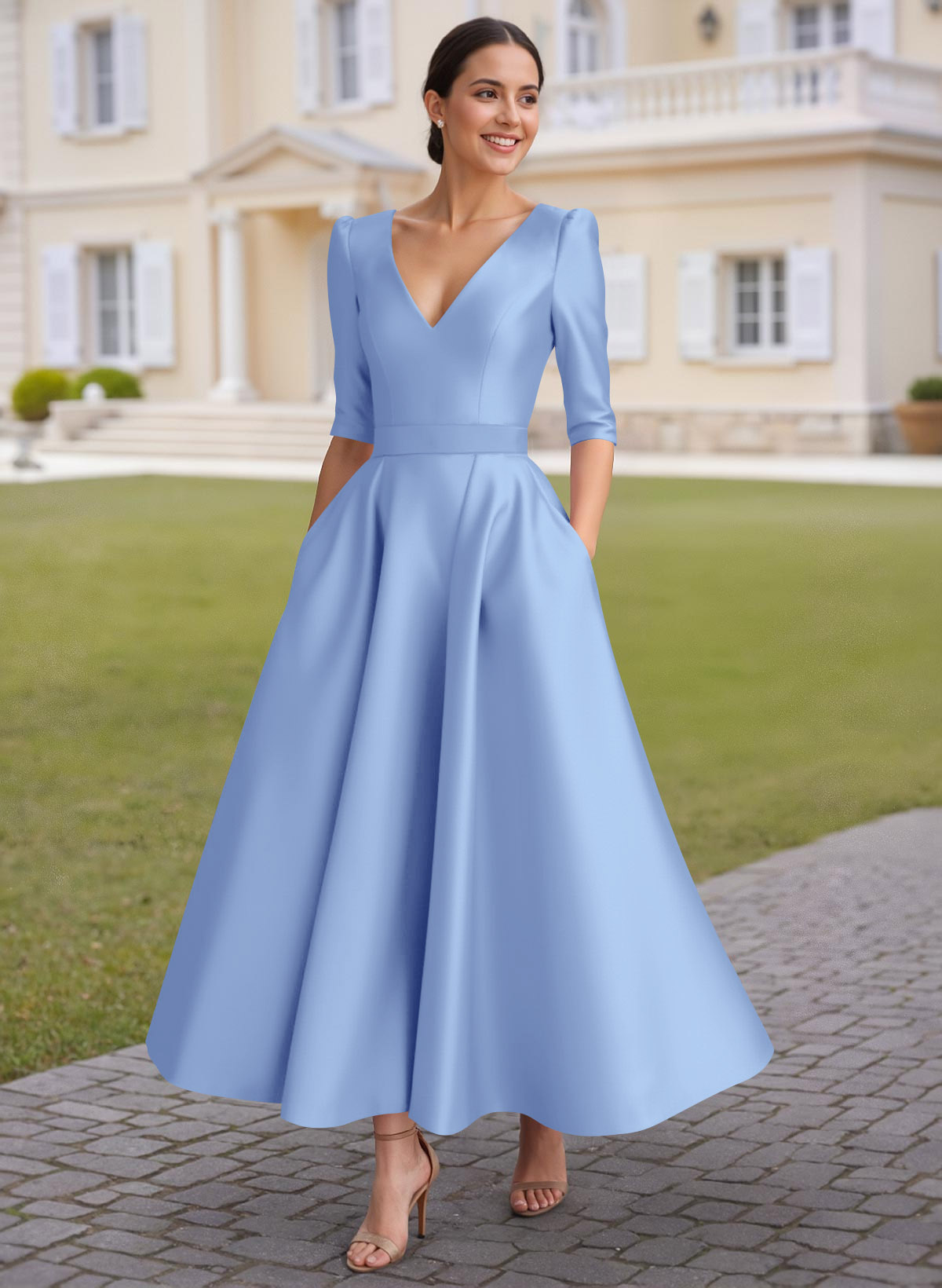 A-Line V-Neck 1/2 Sleeves Ankle-Length Satin Mother Of The Bride Dresses