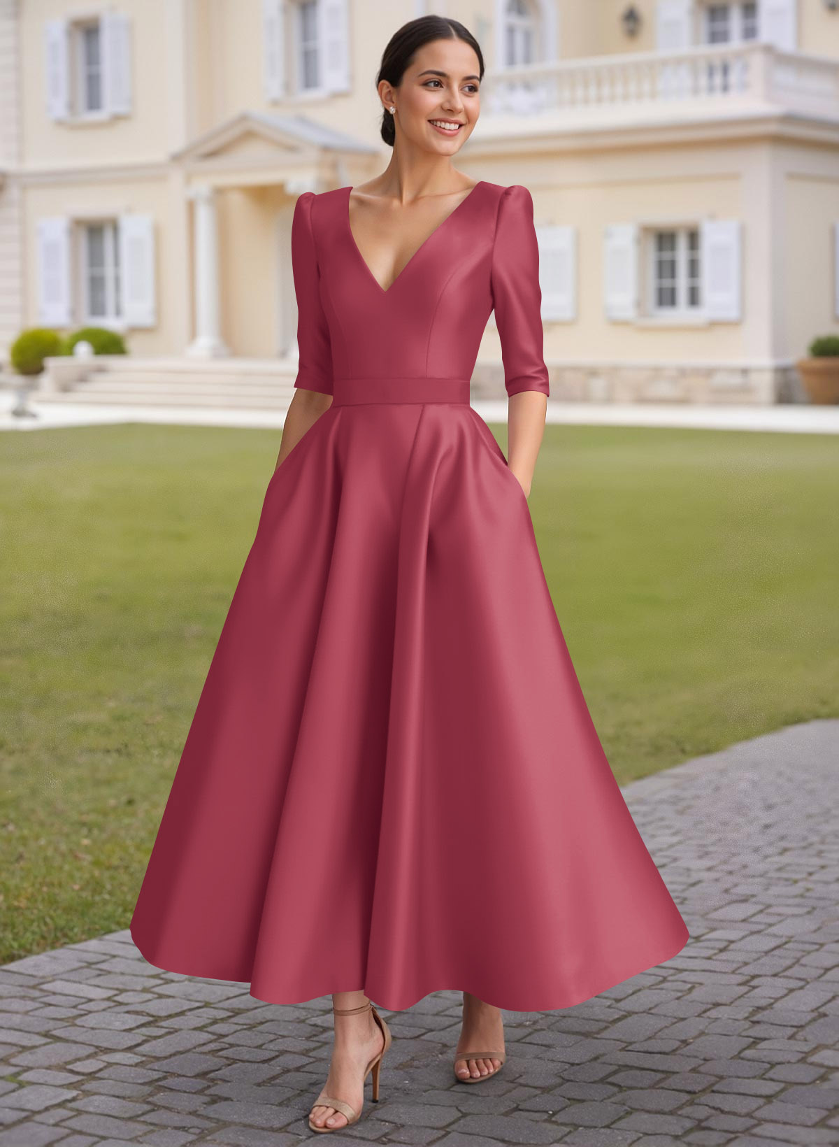 A-Line V-Neck 1/2 Sleeves Ankle-Length Satin Mother Of The Bride Dresses