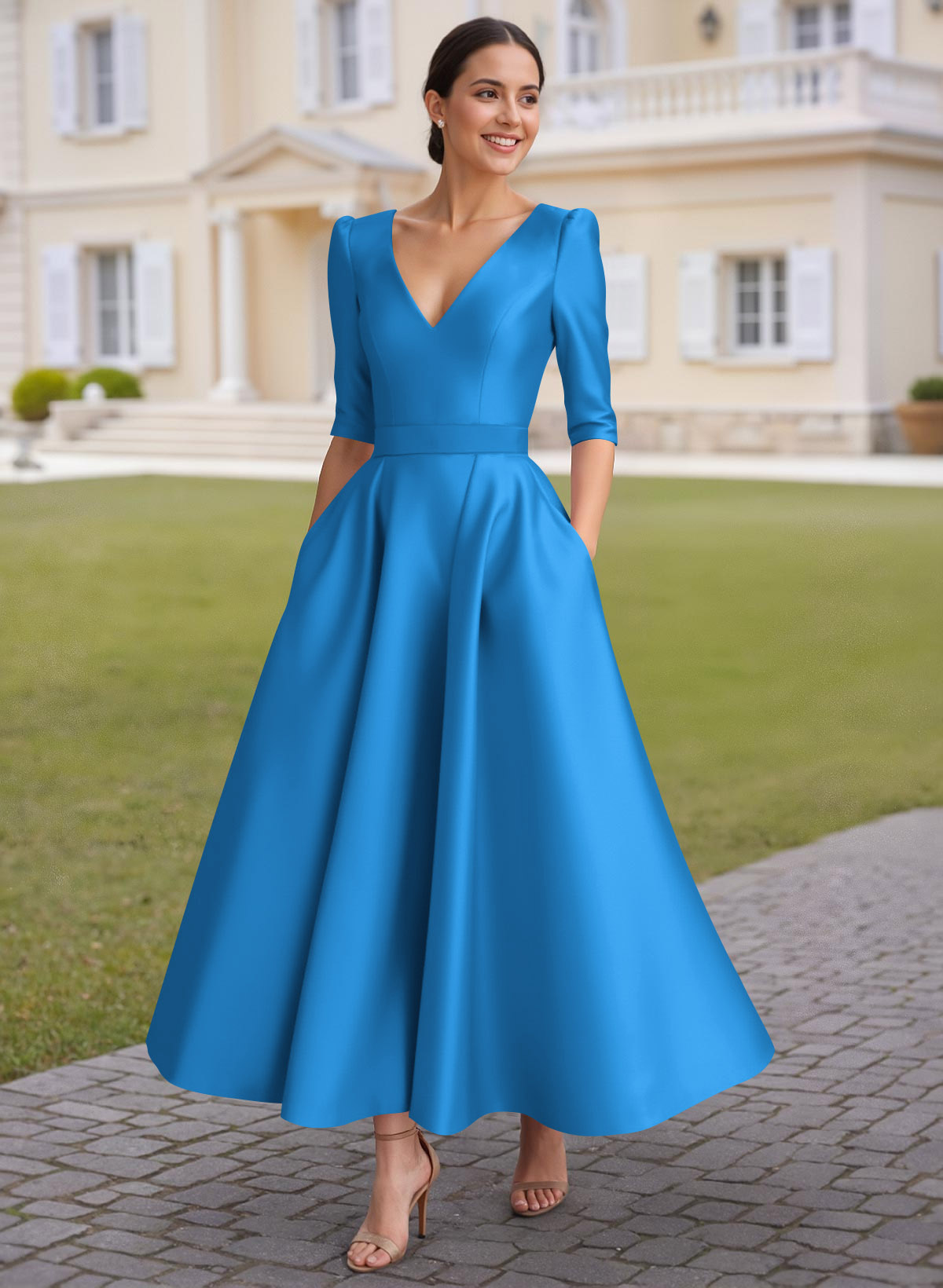 A-Line V-Neck 1/2 Sleeves Ankle-Length Satin Mother Of The Bride Dresses