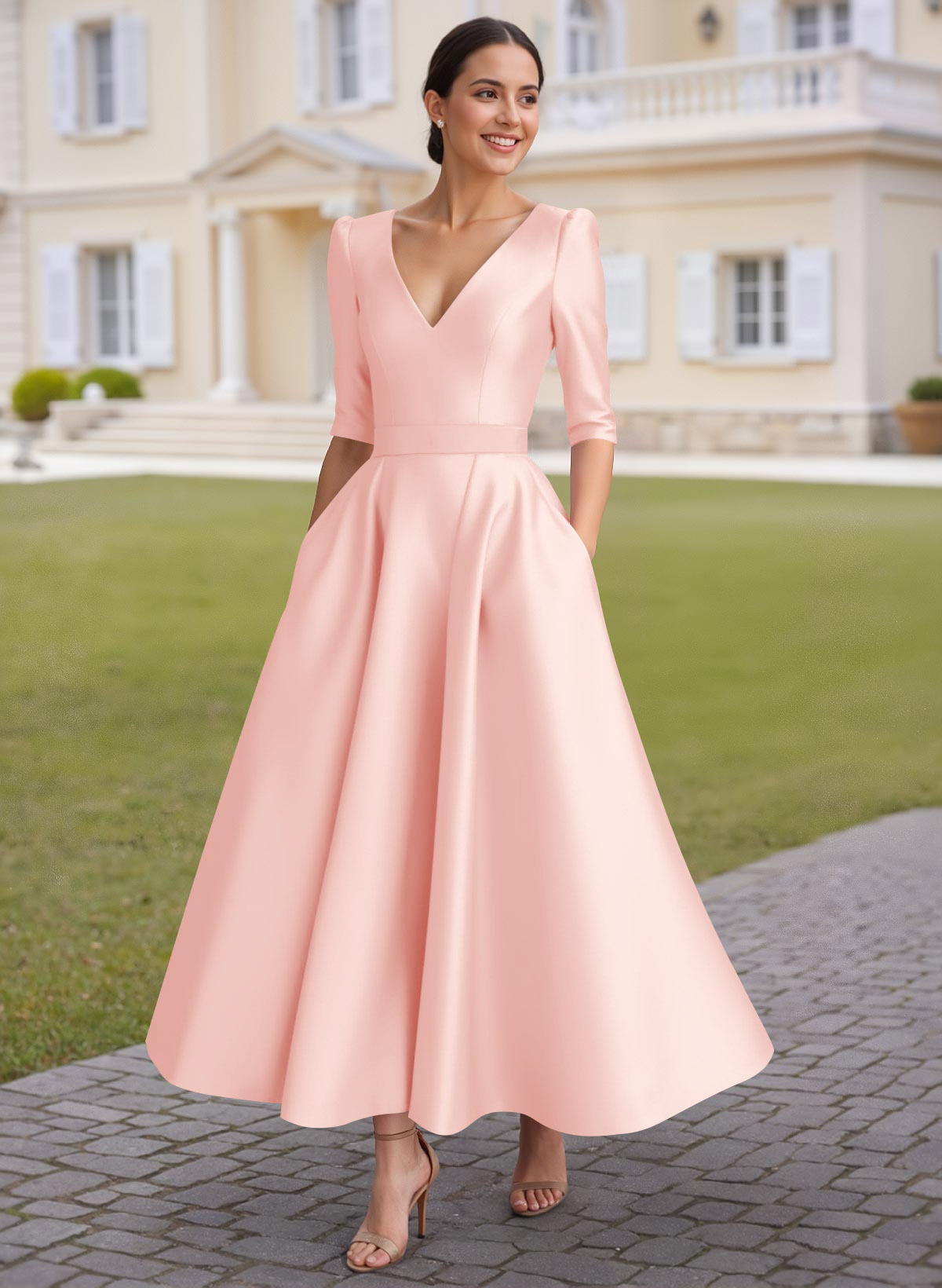 A-Line V-Neck 1/2 Sleeves Ankle-Length Satin Mother Of The Bride Dresses
