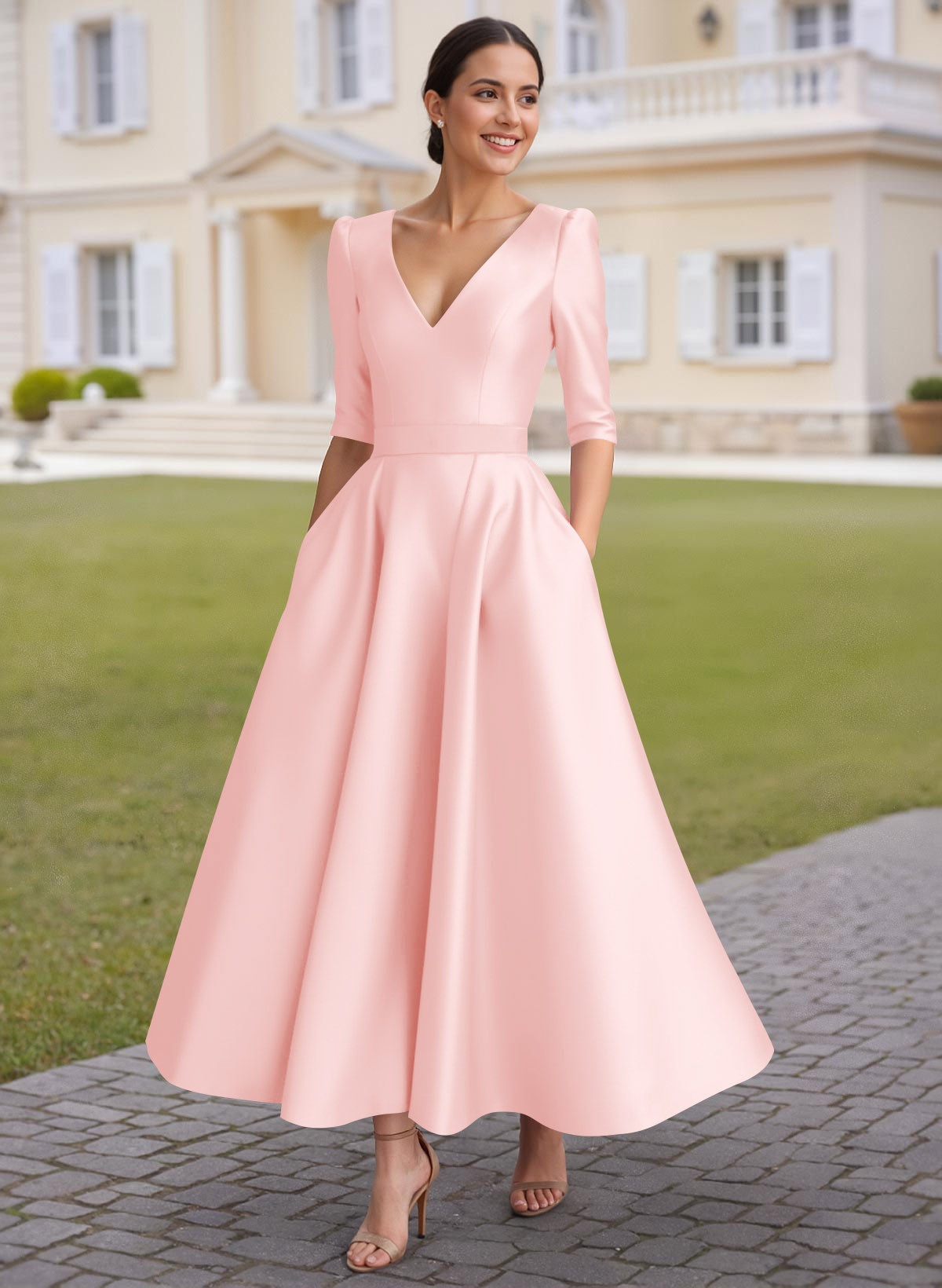 A-Line V-Neck 1/2 Sleeves Ankle-Length Satin Mother Of The Bride Dresses