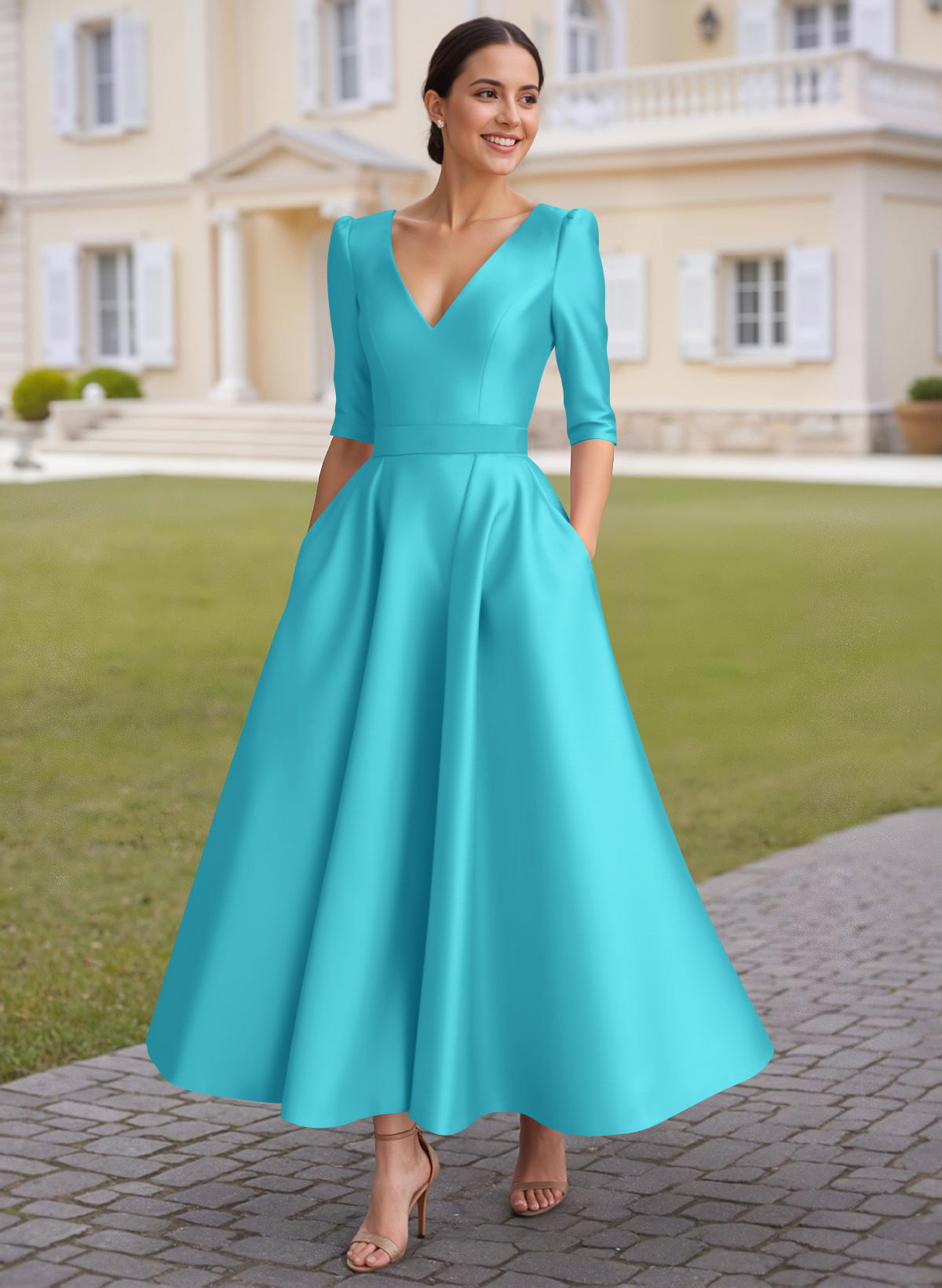 A-Line V-Neck 1/2 Sleeves Ankle-Length Satin Mother Of The Bride Dresses