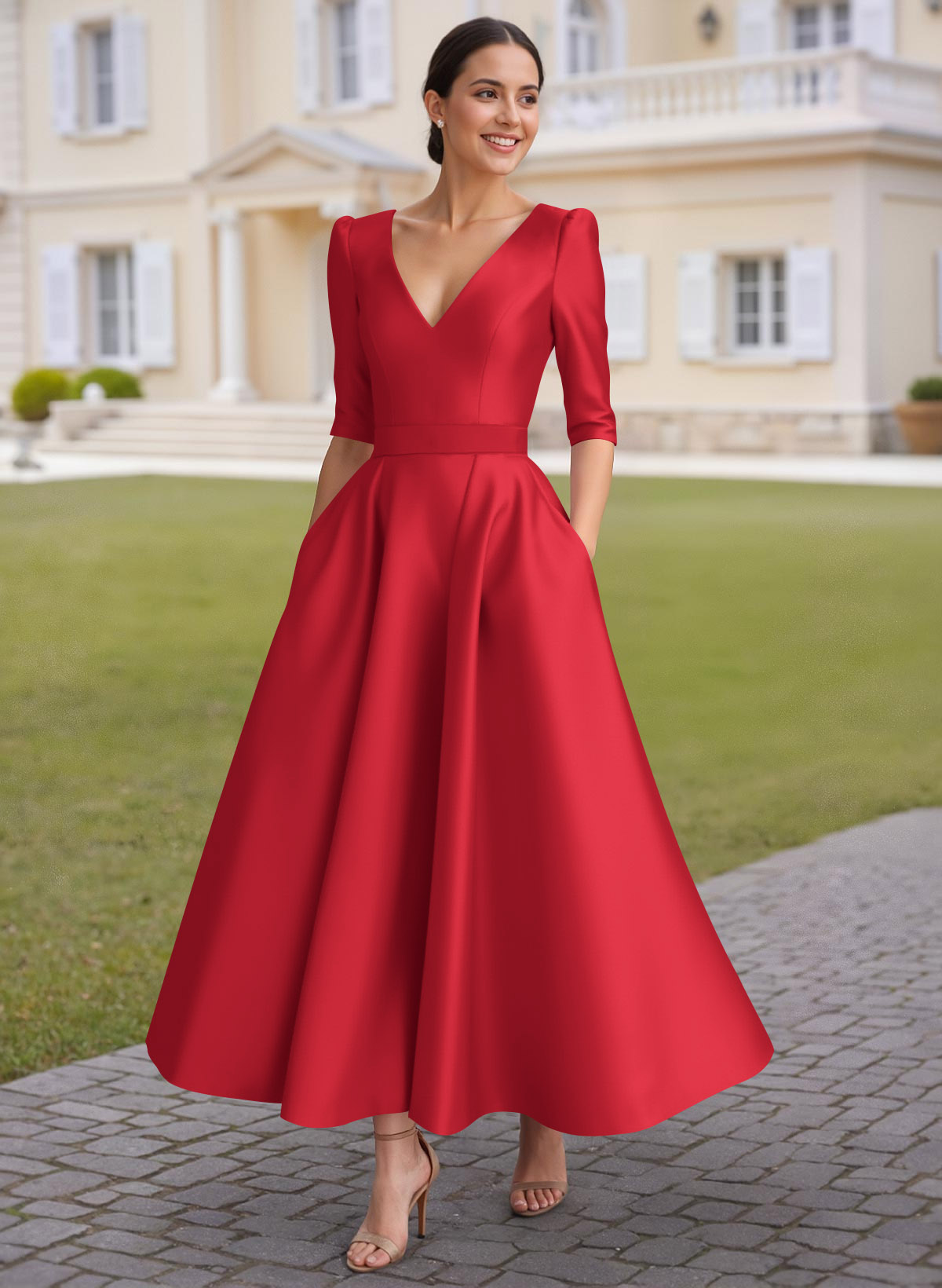 A-Line V-Neck 1/2 Sleeves Ankle-Length Satin Mother Of The Bride Dresses