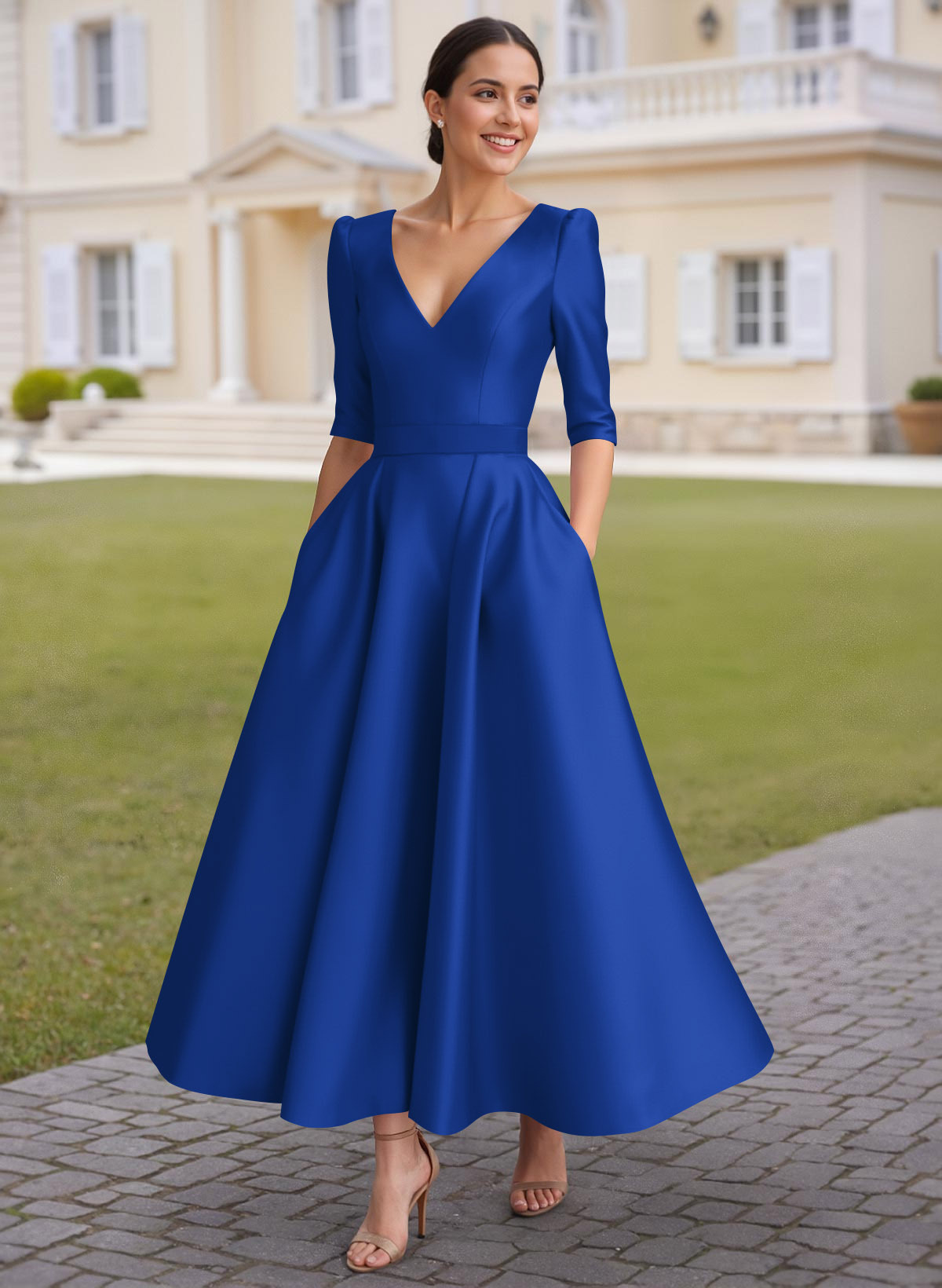 A-Line V-Neck 1/2 Sleeves Ankle-Length Satin Mother Of The Bride Dresses