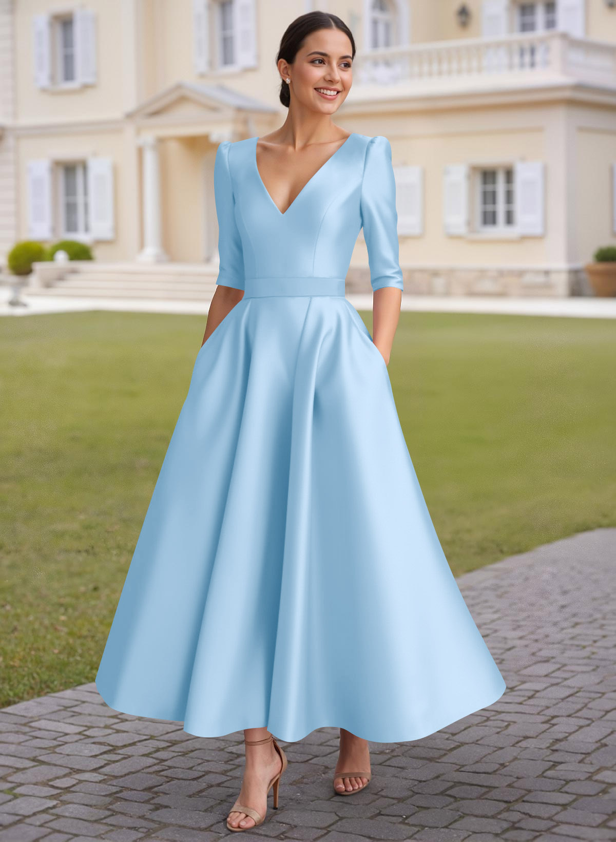 A-Line V-Neck 1/2 Sleeves Ankle-Length Satin Mother Of The Bride Dresses
