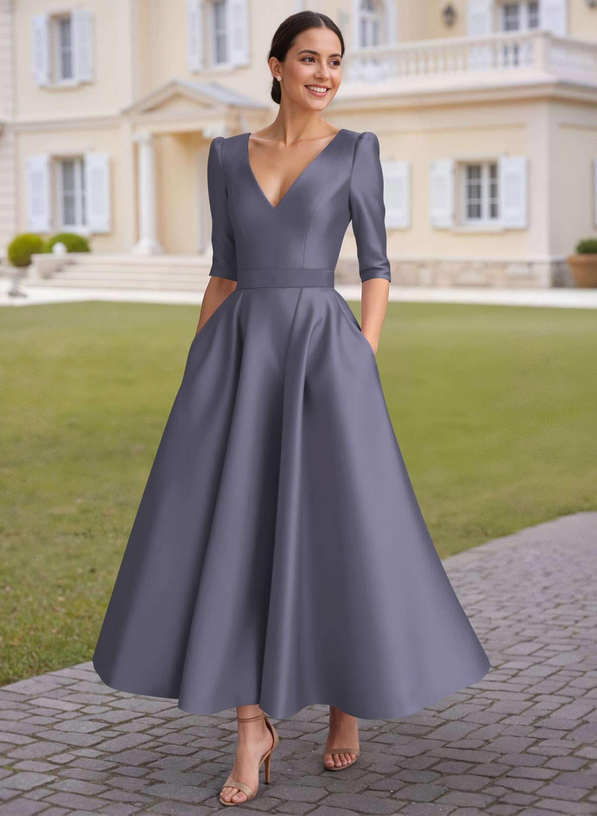 A-Line V-Neck 1/2 Sleeves Ankle-Length Satin Mother Of The Bride Dresses