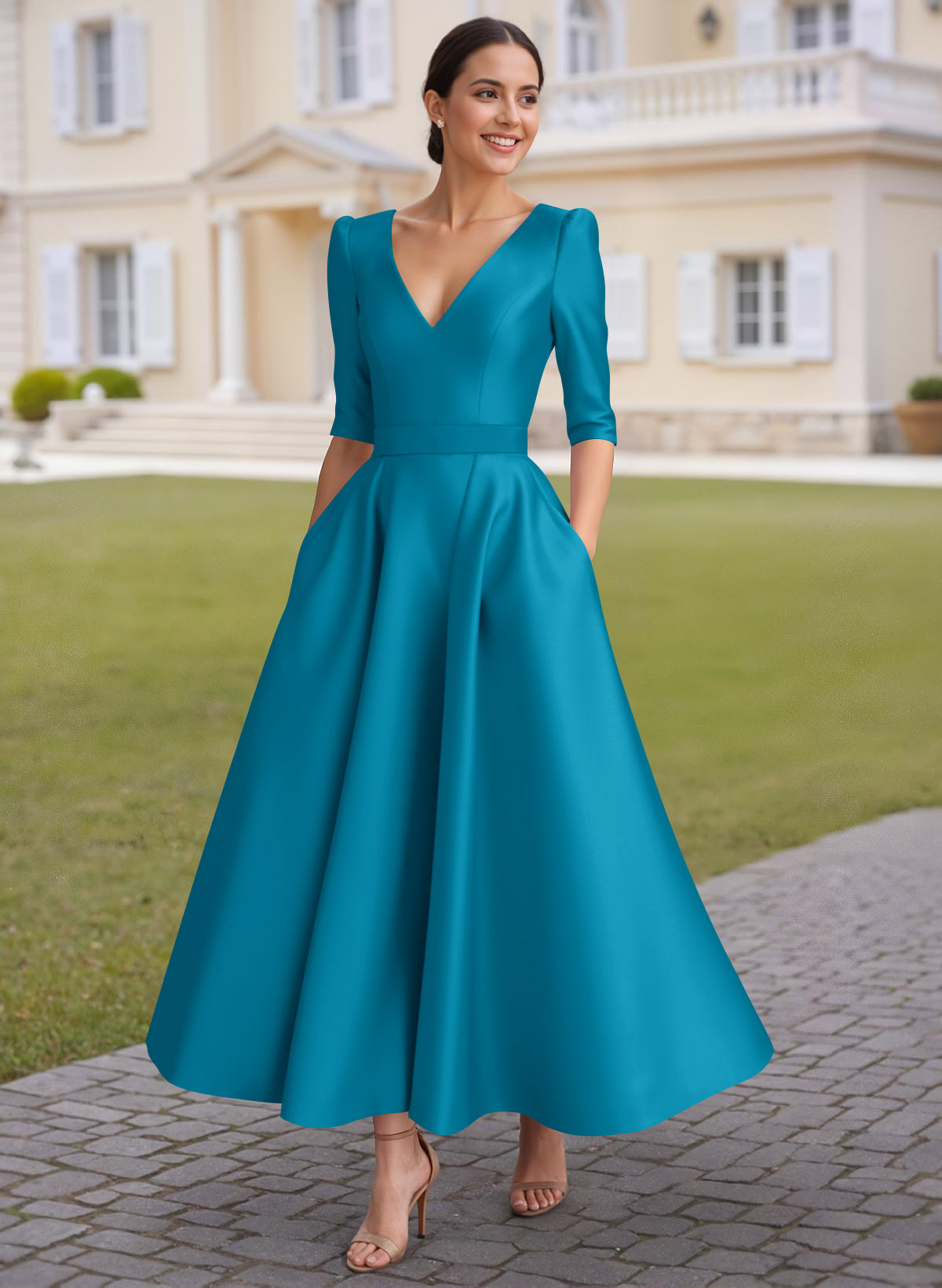 A-Line V-Neck 1/2 Sleeves Ankle-Length Satin Mother Of The Bride Dresses