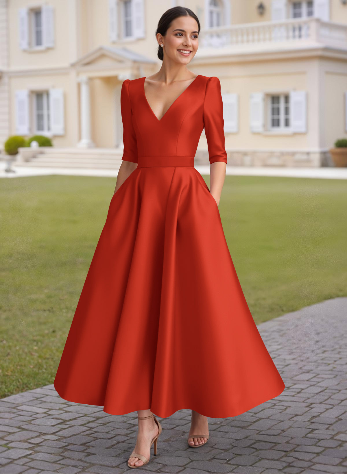 A-Line V-Neck 1/2 Sleeves Ankle-Length Satin Mother Of The Bride Dresses