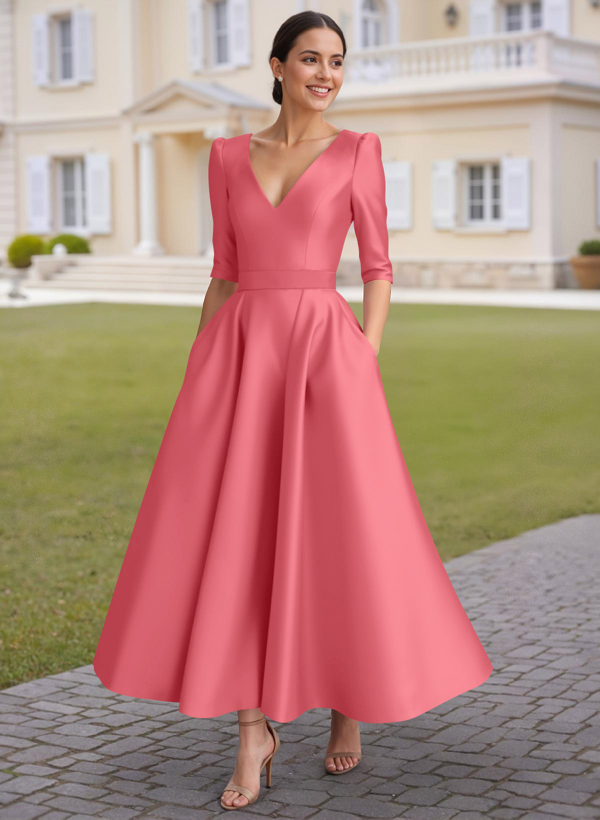 A-Line V-Neck 1/2 Sleeves Ankle-Length Satin Mother Of The Bride Dresses