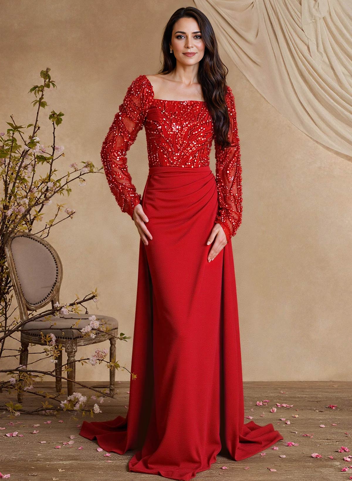 Lace Square Neckline Long Sleeves Overskirt Sweep Train Elastic Satin Mother Of The Bride Dresses