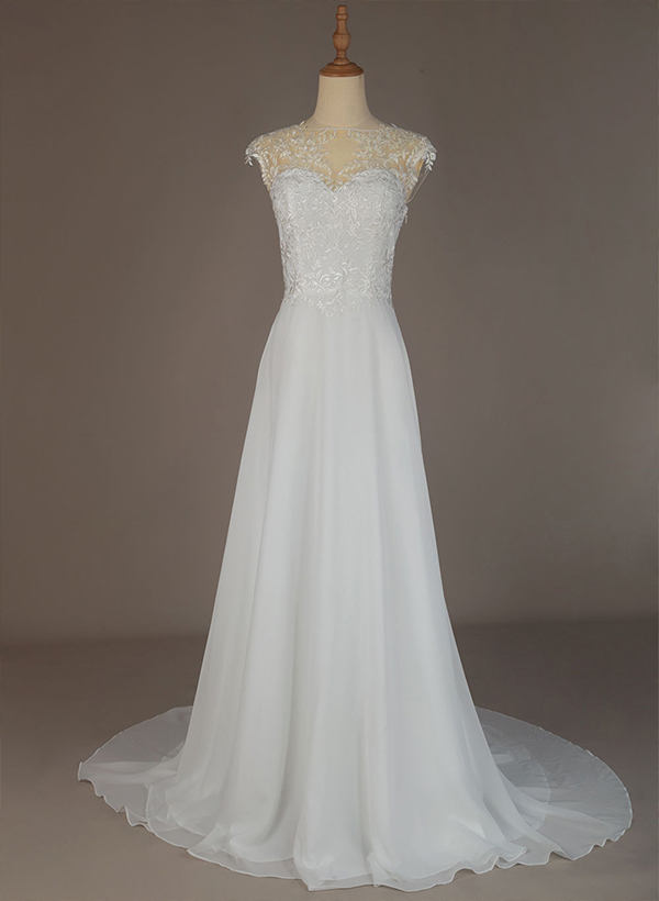A-Line High Neck Sleeveless Chiffon Sweep Train Wedding Dresses With Lace, image 3