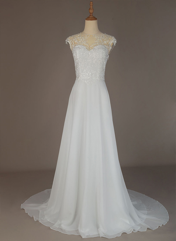 A-Line High Neck Sleeveless Chiffon Sweep Train Wedding Dresses With Lace, image 3