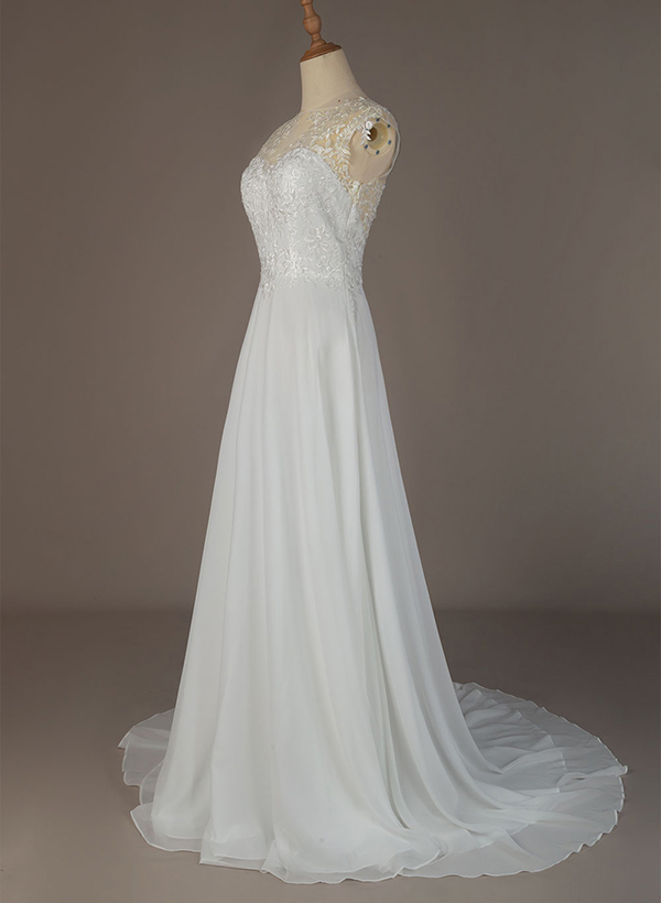 A-Line High Neck Sleeveless Chiffon Sweep Train Wedding Dresses With Lace, image 4