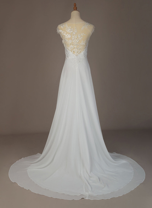 A-Line High Neck Sleeveless Chiffon Sweep Train Wedding Dresses With Lace, image 5