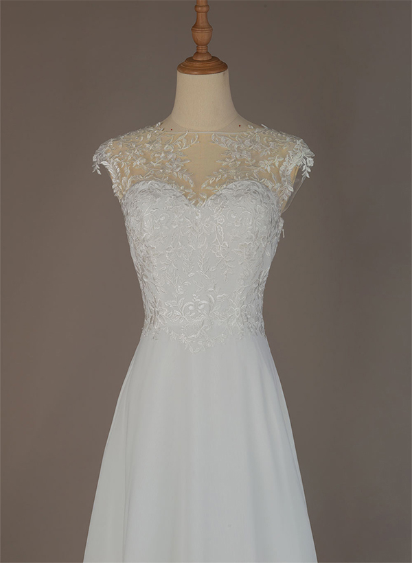 A-Line High Neck Sleeveless Chiffon Sweep Train Wedding Dresses With Lace, image 6